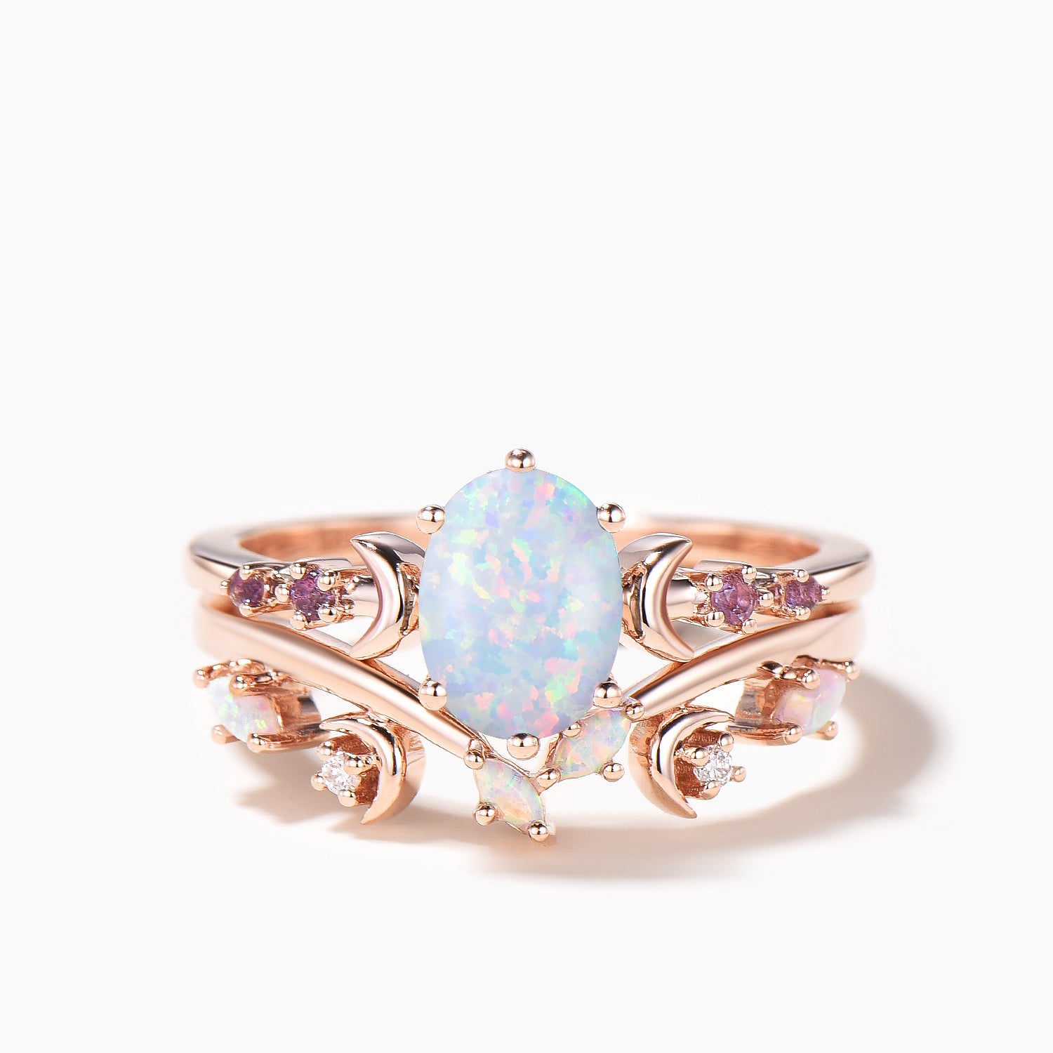 Oval Cut White Opal Engagement Ring - Crescent Moon Wedding Bridal Set for Women | Vintage Style Promise Ring, Anniversary Gift for Her | Perfect for Proposals, Valentine's Day & Special Occasions