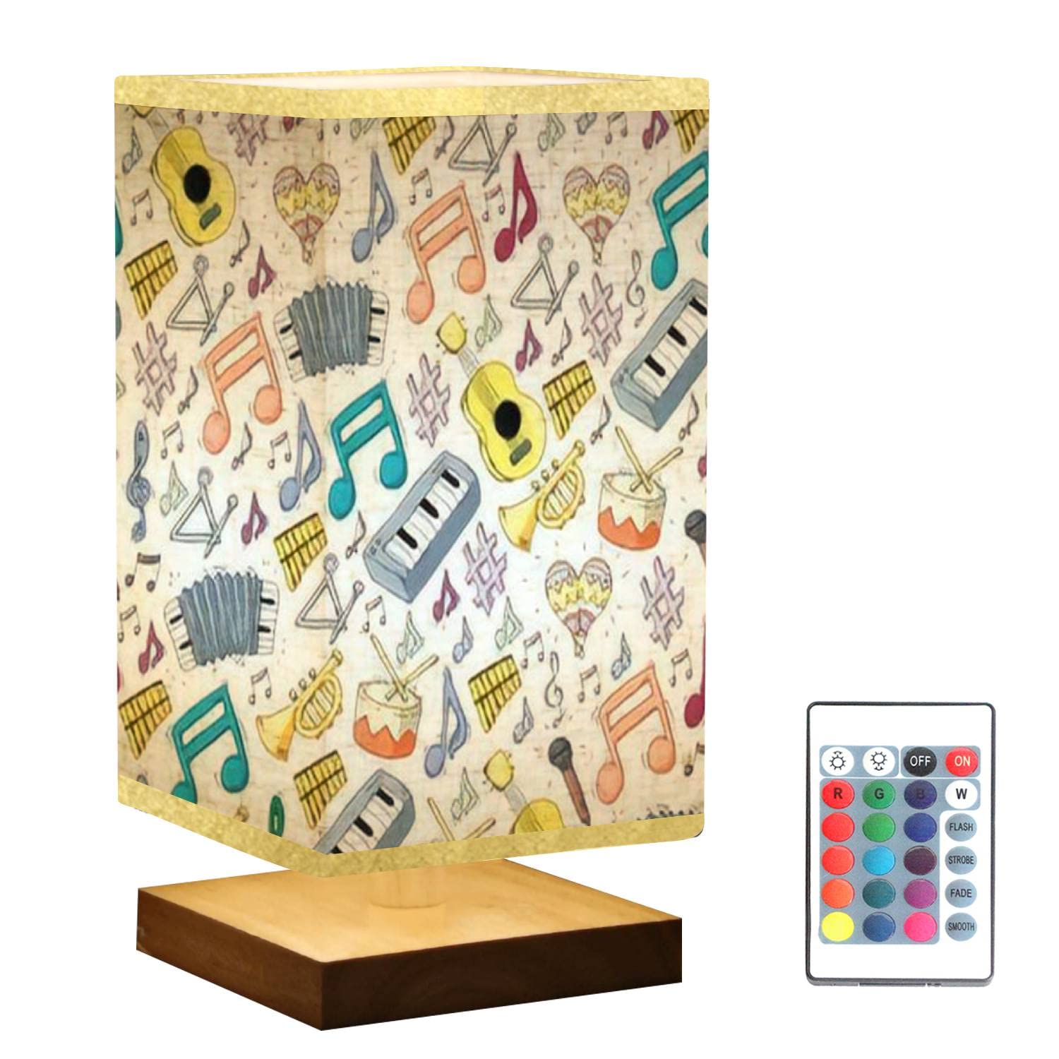 Square Wooden Base Dimmable Bedside Table Lamp with Flaxen Fabric Shade - Music Jazz Rock Festival Theme with Musical Notes Design - Perfect for Bedroom, Living Room & Office Nightstand Lighting
