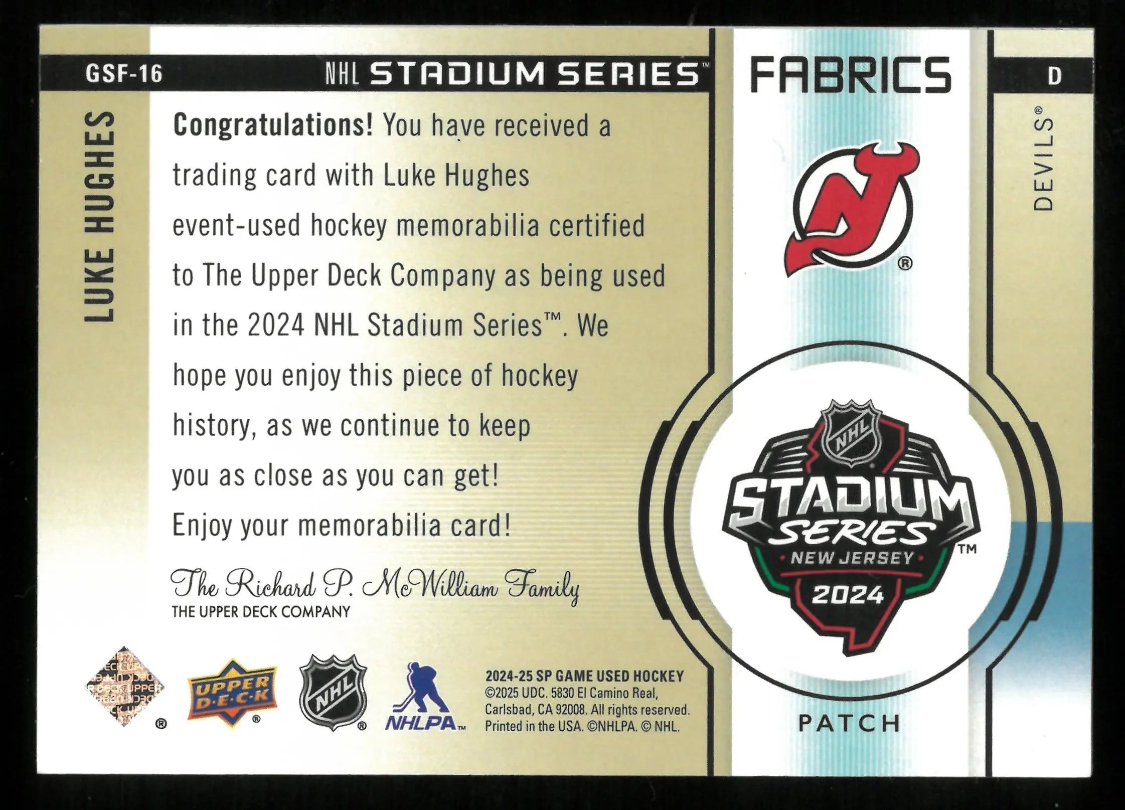 2024 Upper Deck SP Game Used Hockey Luke Hughes Stadium Series Patch Card #/35 - NHL Collectible Memorabilia for Fans & Card Collectors - Perfect for Display, Trading, and Investment