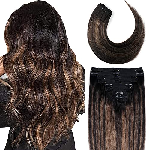 Lysilf Clip-in Human Hair Extensions 16 Inch Straight Remy Hair - Natural Black to Chestnut Brown (120g, 8pcs) | Seamless Full Head Real Hair Extensions (#1B/6/1B) | Perfect for Daily Wear, Parties, Weddings & Volume Boost