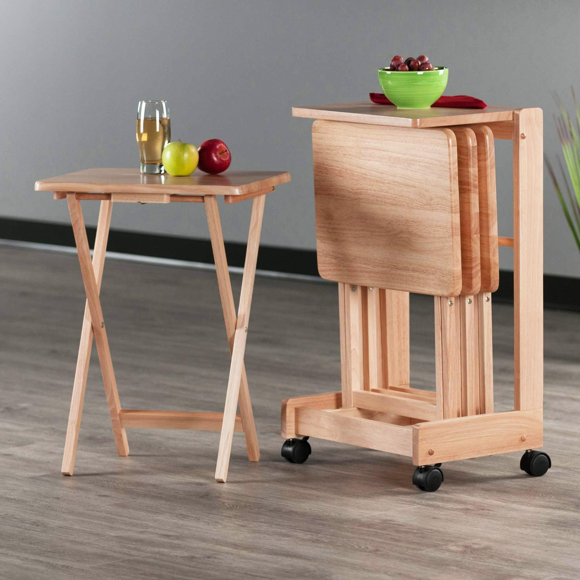 5-Piece Snack Table TV Tray Set - Foldable Serving Tray Stand for Dining, Living Room & Kitchen | Portable Breakfast in Bed, Sofa Snacking & Home Office Use (Brienda-Natural)