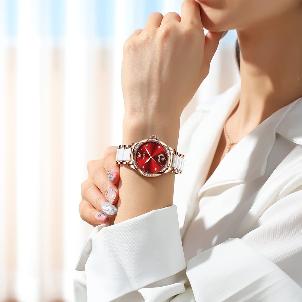 OLEVS Women's Automatic Watch - Premium Large Face Diamond Accented Self Winding Ladies Watch, Fashion Waterproof Dress Watch with Two Tone Stainless Steel & Ceramic Bracelet | Perfect for Business, Party & Everyday Wear