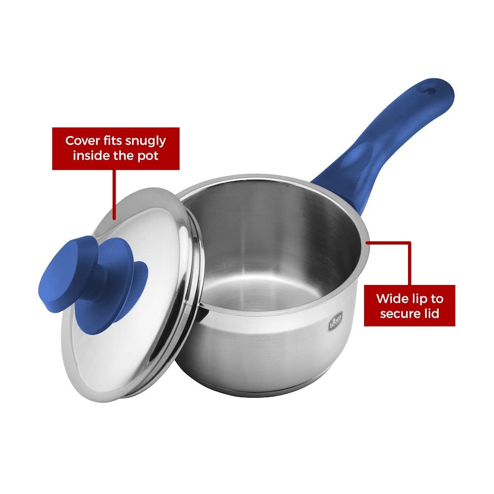 YBM Home 5 Quart Commercial Grade 18/10 Stainless Steel Stockpot with Lid - Induction Compatible Cookware with Encapsulated Aluminum Core - Blue - Perfect for Soups, Stews, Pasta & Large Batch Cooking