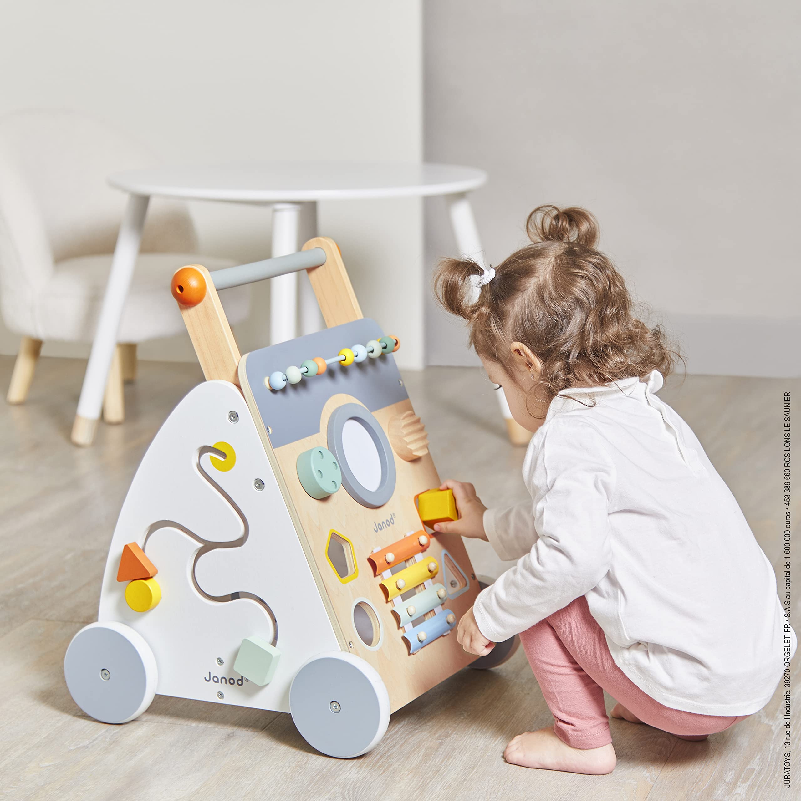 Janod Sweet Cocoon Wooden Multi-Activity Baby Walker for Toddlers 12-24 Months | Learning Push Toy with Bead Maze, Shape Sorter & Music | Montessori Educational Toy for First Steps | Nursery, Playroom & Daycare Essential (J04410)