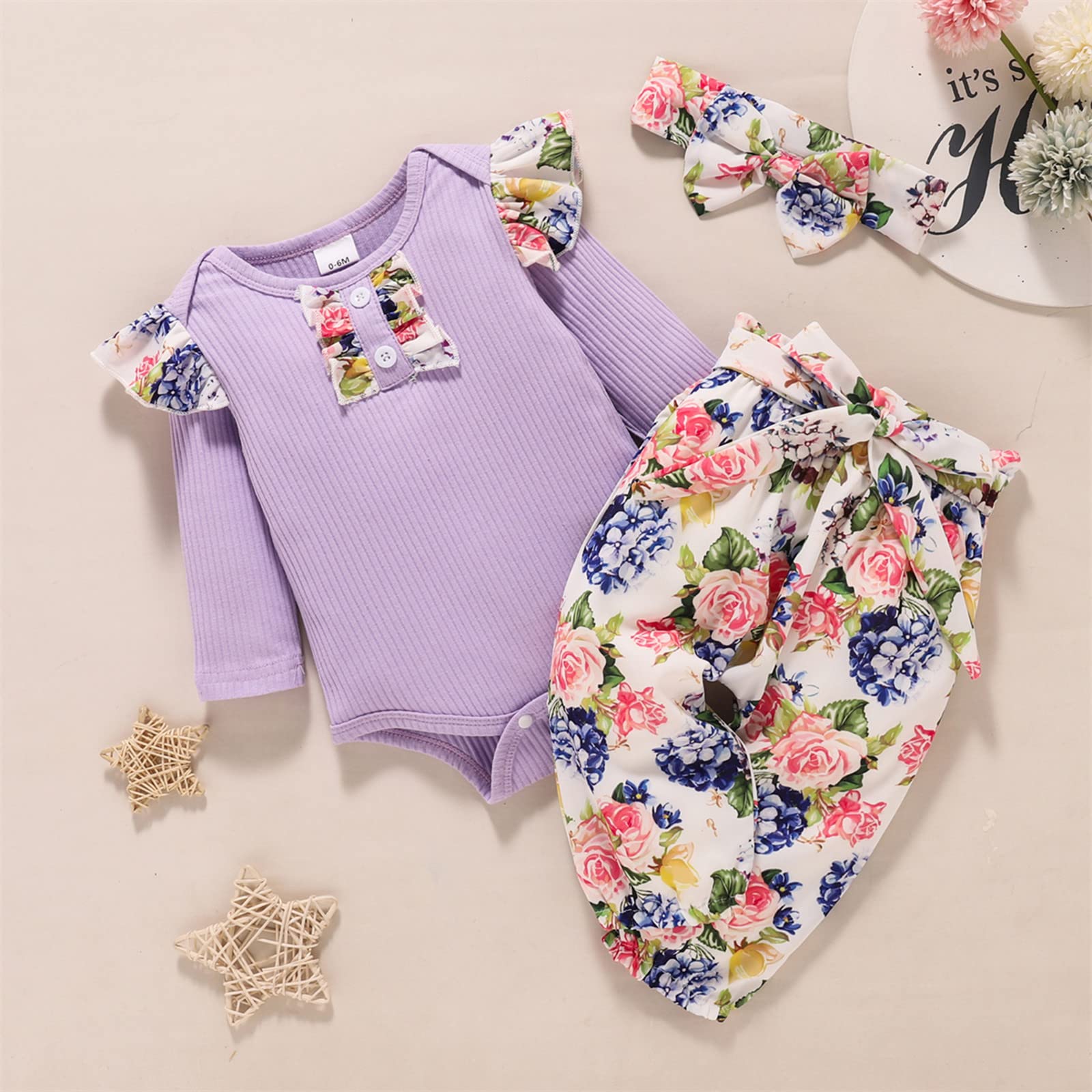 Baby Girls & Boys Floral Long Sleeve Romper Outfit Set with Headband - Spring & Autumn Clothes for Toddlers - Perfect for Playdates, Family Photos & Daily Wear