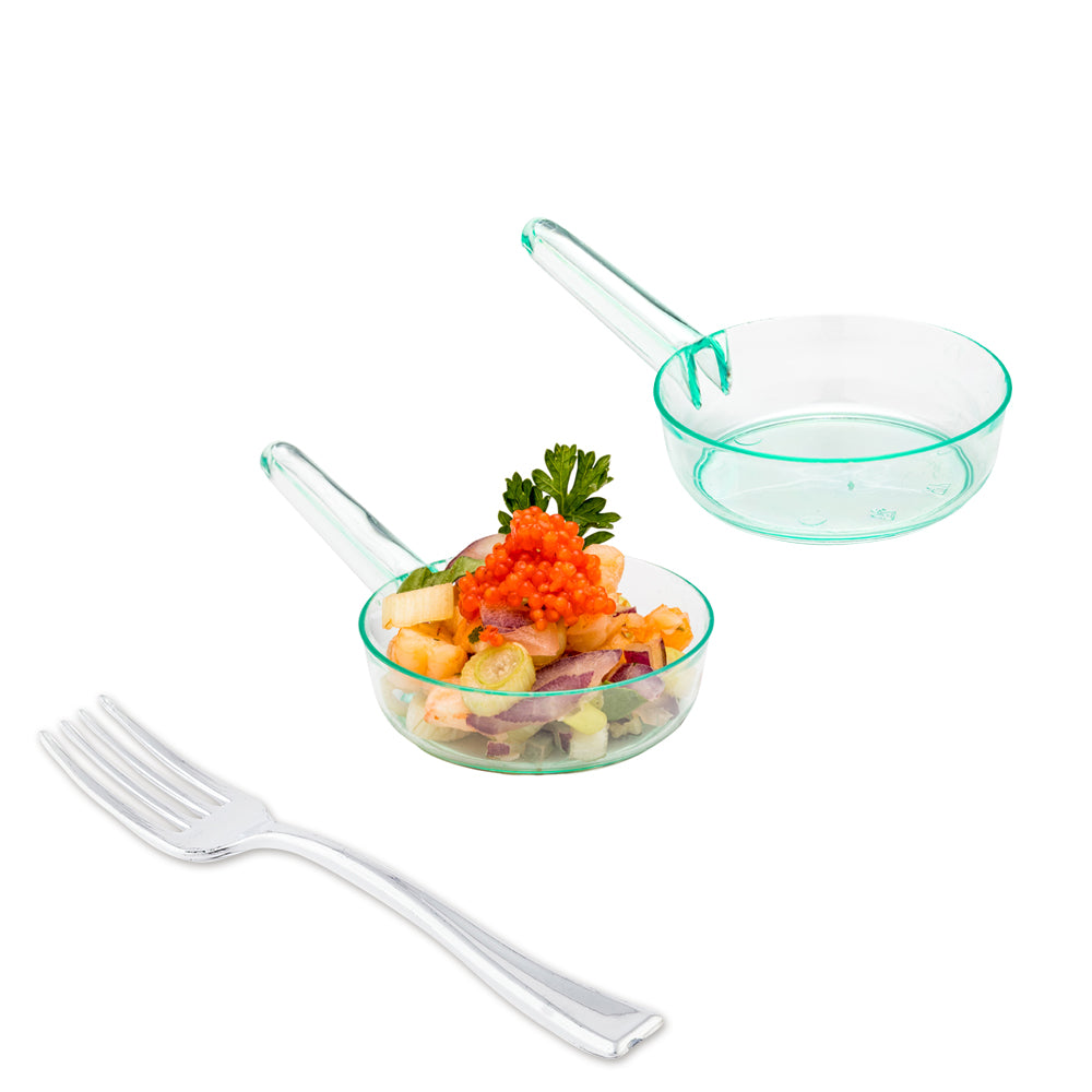 100-Pack 1 oz Seagreen Plastic Mini Sauce Cups with 100 Silver Plastic Mini Forks – Perfect for Party Appetizers, Catering, and Condiment Serving