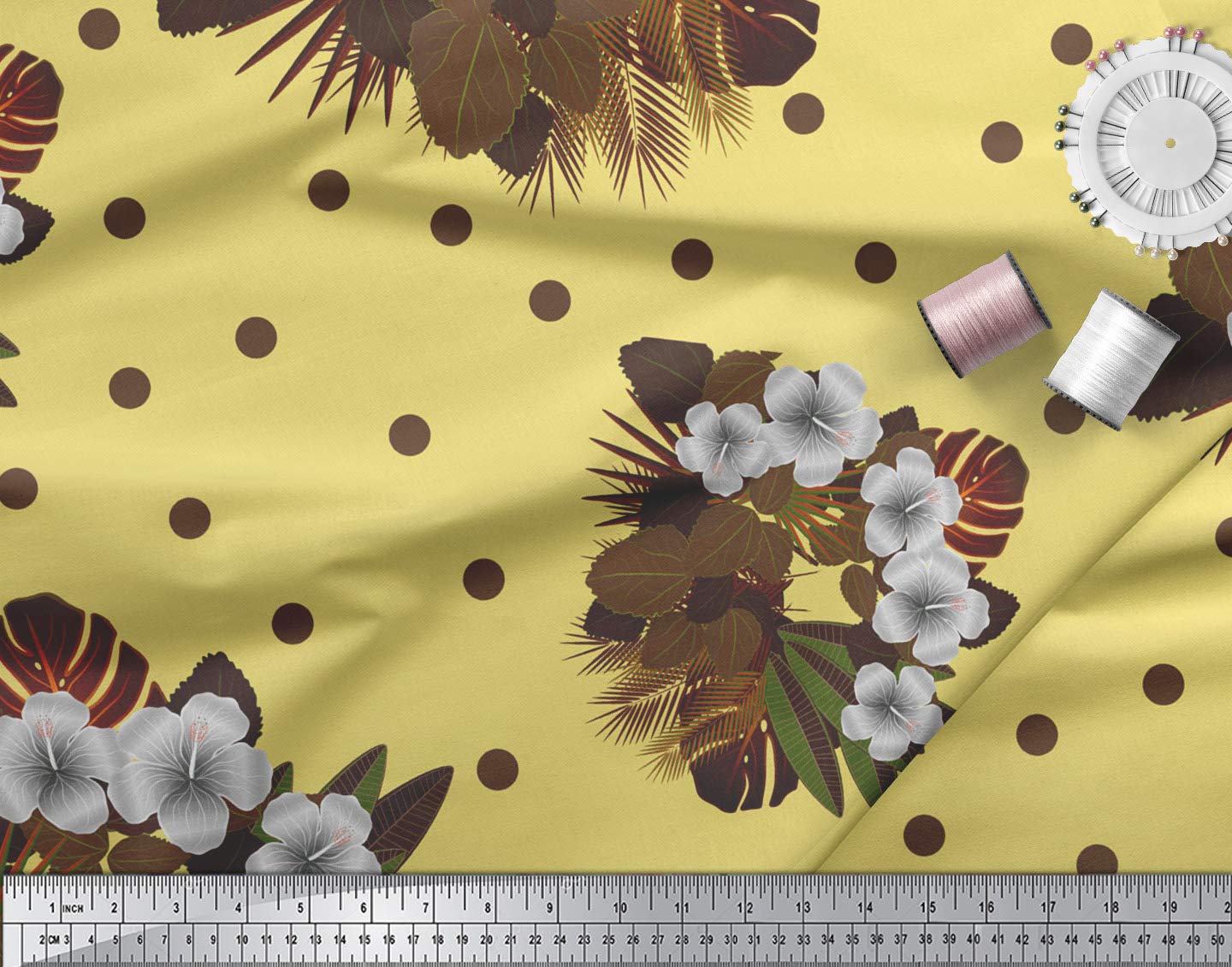 Soimoi Moss Georgette Yellow Fabric by The Yard - 42 Inch Wide Floral Printed Fabric with Dot & Leaves Pattern - Lightweight Chiffon Material for Dresses, Scarves, DIY Crafts & Home Decor Projects