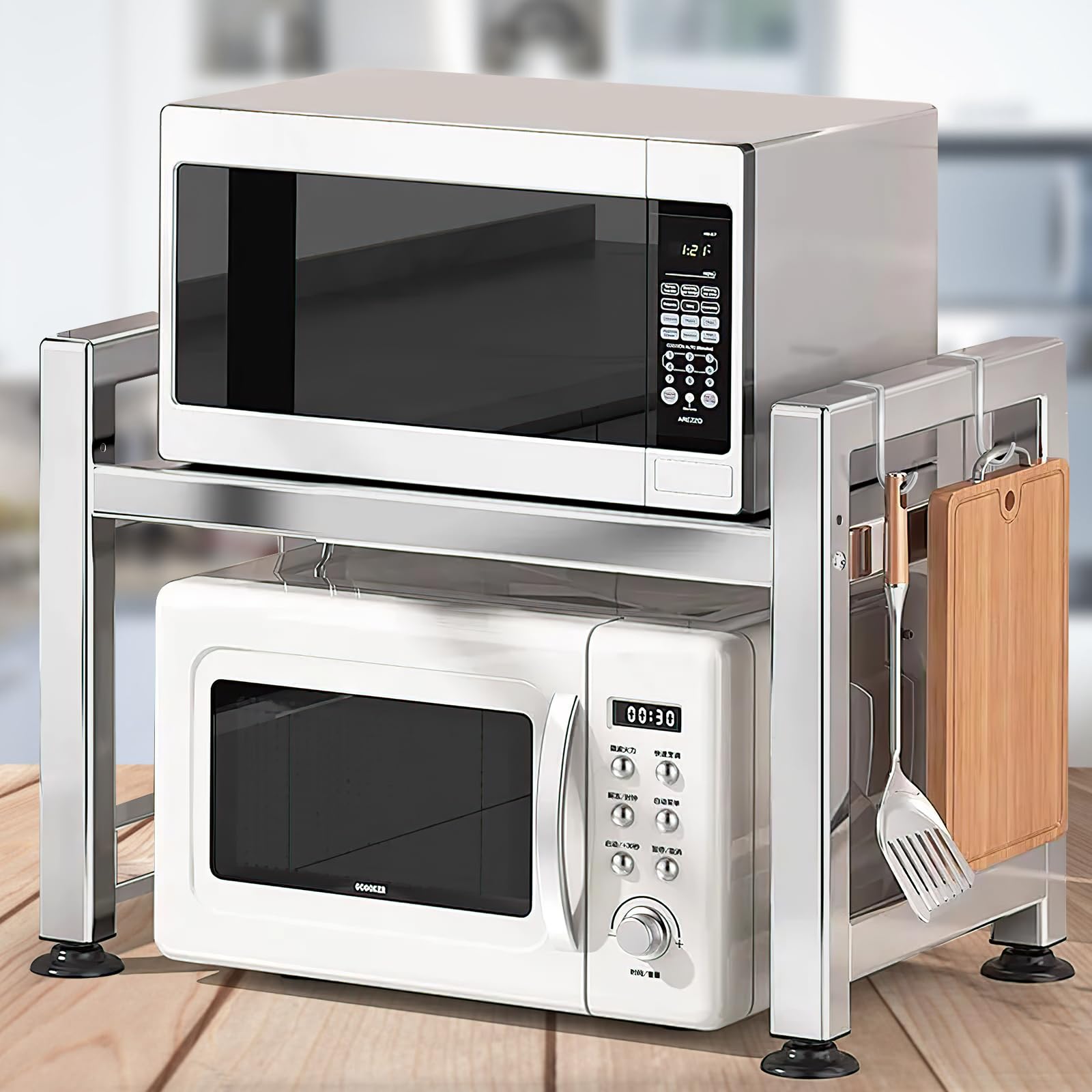 Extendable 2-Tier Stainless Steel Microwave Oven Rack with 4 Hooks - Adjustable Countertop Shelf Organizer for Kitchen Utensils & Tableware Storage - Perfect for Small Spaces, Microwave Stands, and Countertop Organization