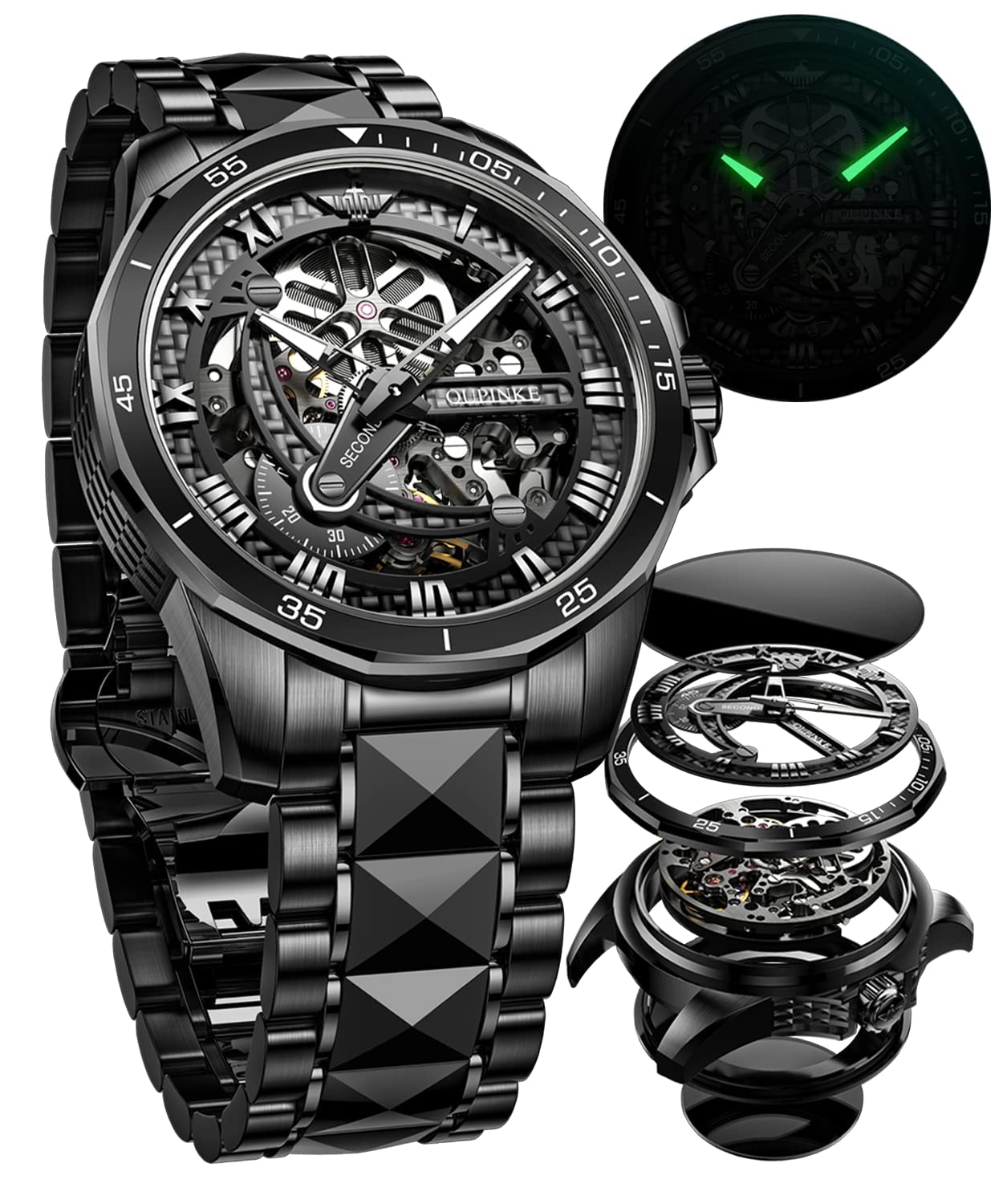 OUPINKE Automatic Watches for Men - Luxury Starry Sky Mechanical Watch with Date, Luminous Hands, Sapphire Crystal & Tungsten Steel Band - Waterproof Wristwatch for Business, Formal Events & Nighttime Visibility