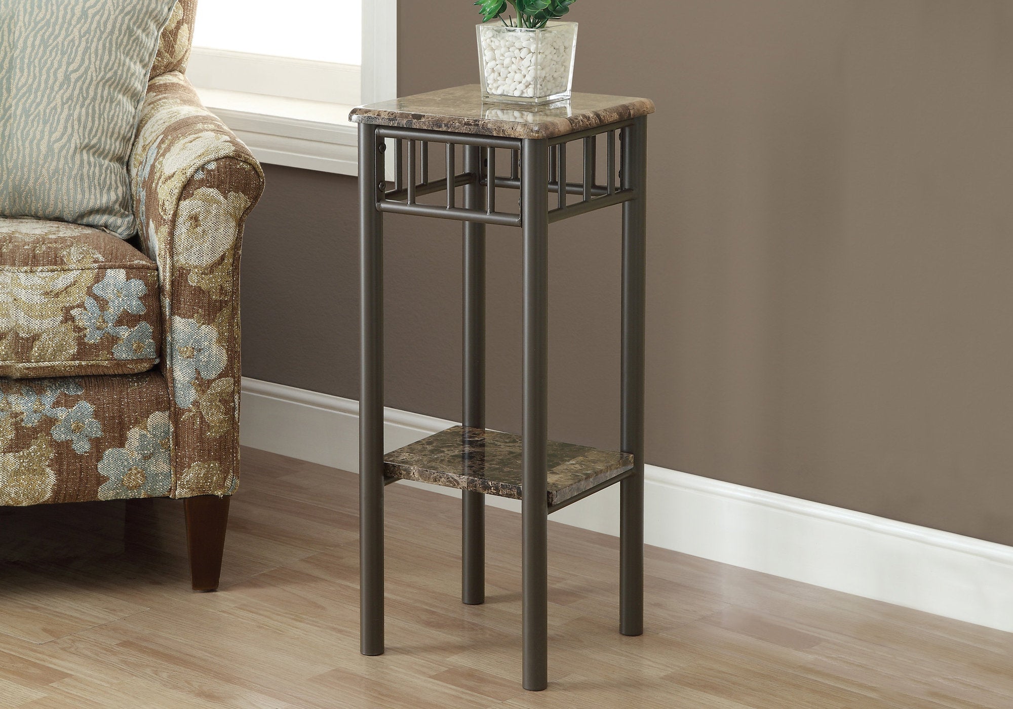 Modern Accent Table with Cappuccino Marble Top and Bronze Metal Base - Stylish Side Table for Living Room, Bedroom or Office Decor