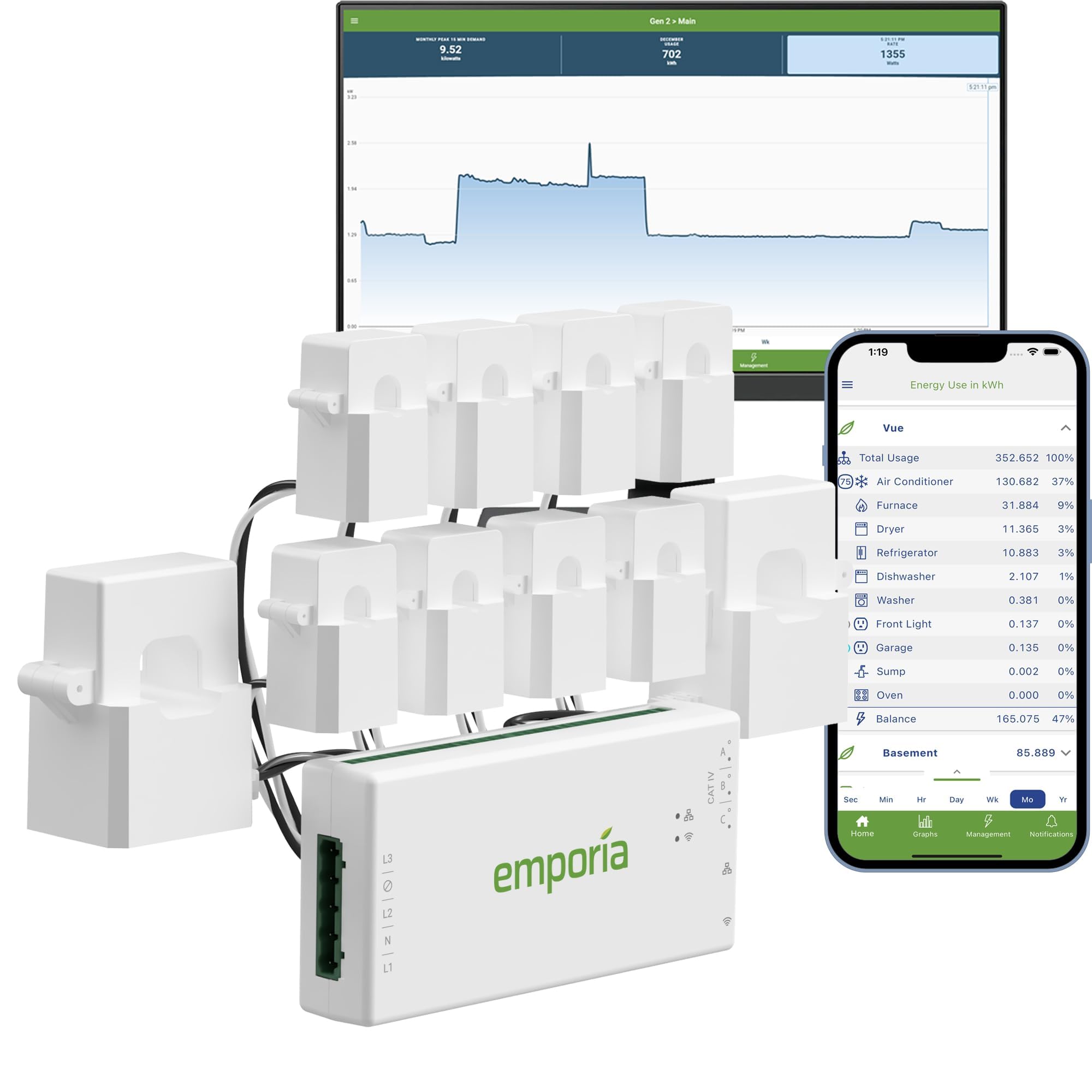 Emporia Gen 3 Smart Home Energy Monitor with 8 50A Circuit Sensors | Real-Time Electricity Usage Tracker | Solar & Net Metering Compatible | Home Automation Energy Savings | Perfect for Solar Homes & Energy-Conscious Households