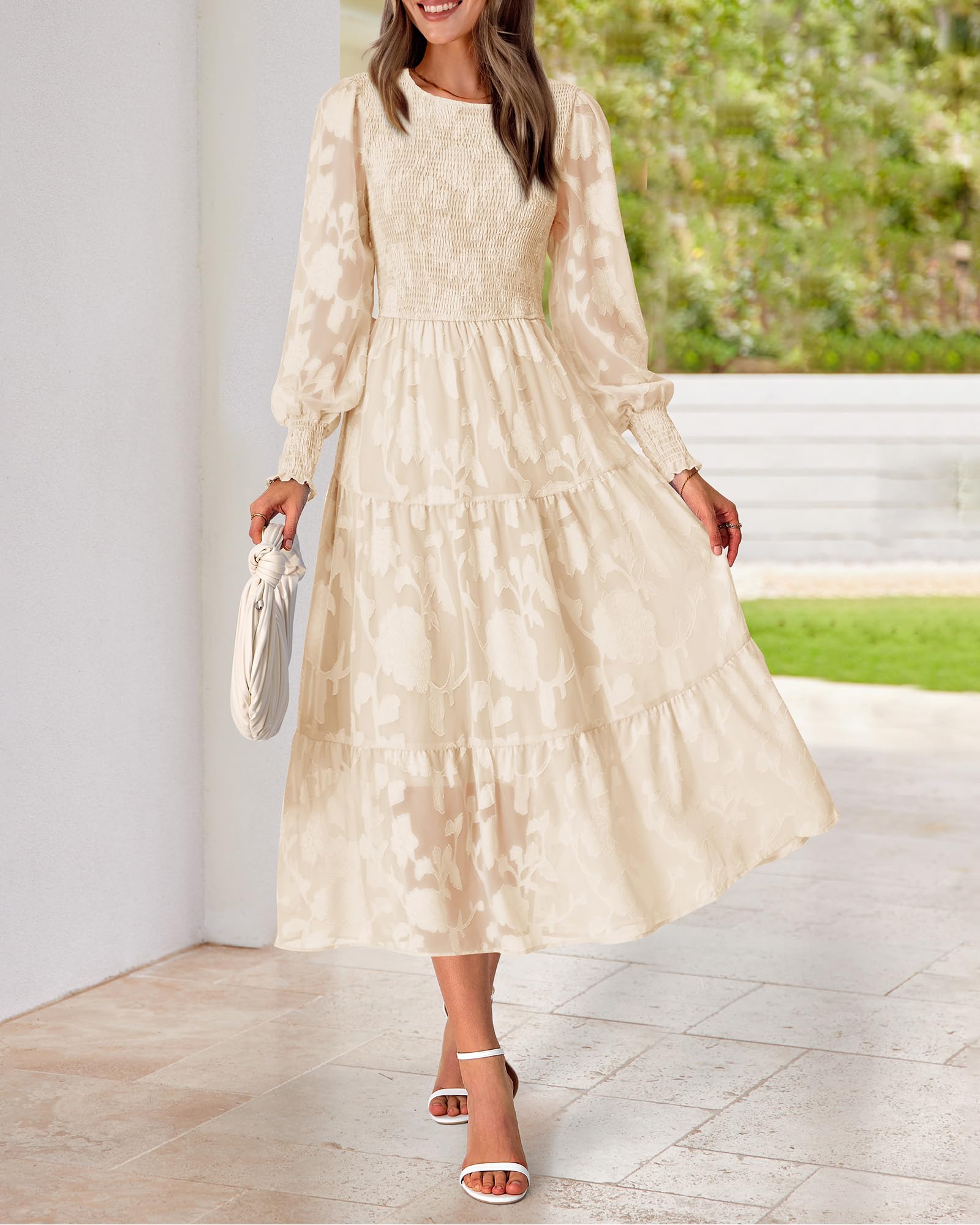 BTFBM Women's Elegant Floral Midi Dress Long Sleeve Bohemian Wedding Guest Dress - Perfect for Spring Weddings, Garden Parties & Casual Boho Outfits