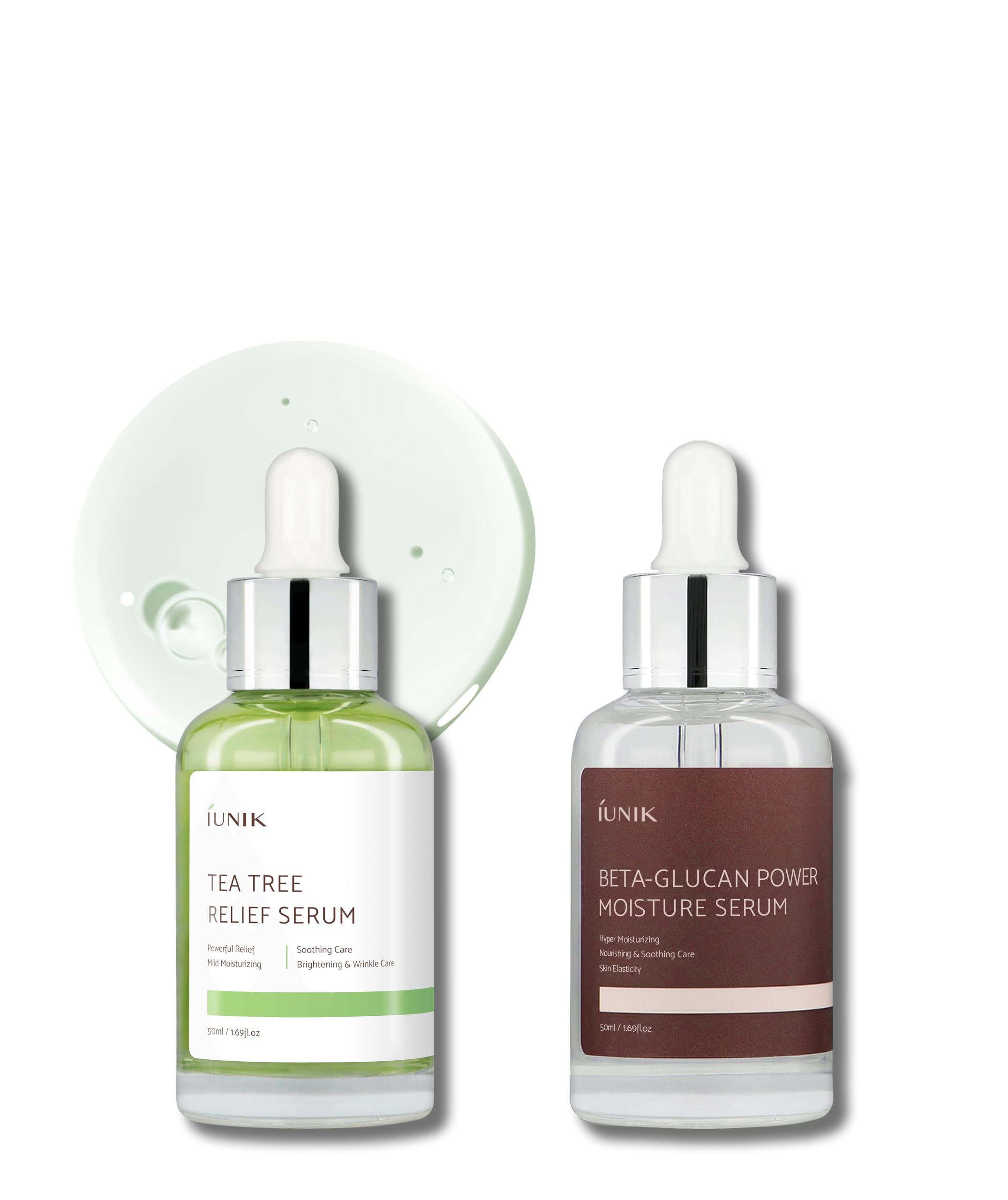 iUNIK 400,000ppm Beta Glucan Deep Moisture Serum & Tea Tree Relief Facial Serum - Korean Skincare for Intense Hydration, Acne Treatment & Soothing - with Mushroom Extracts for Nourishing Face Ampoule Essence - Perfect for Dry Skin & Sensitive Skin Care Routine