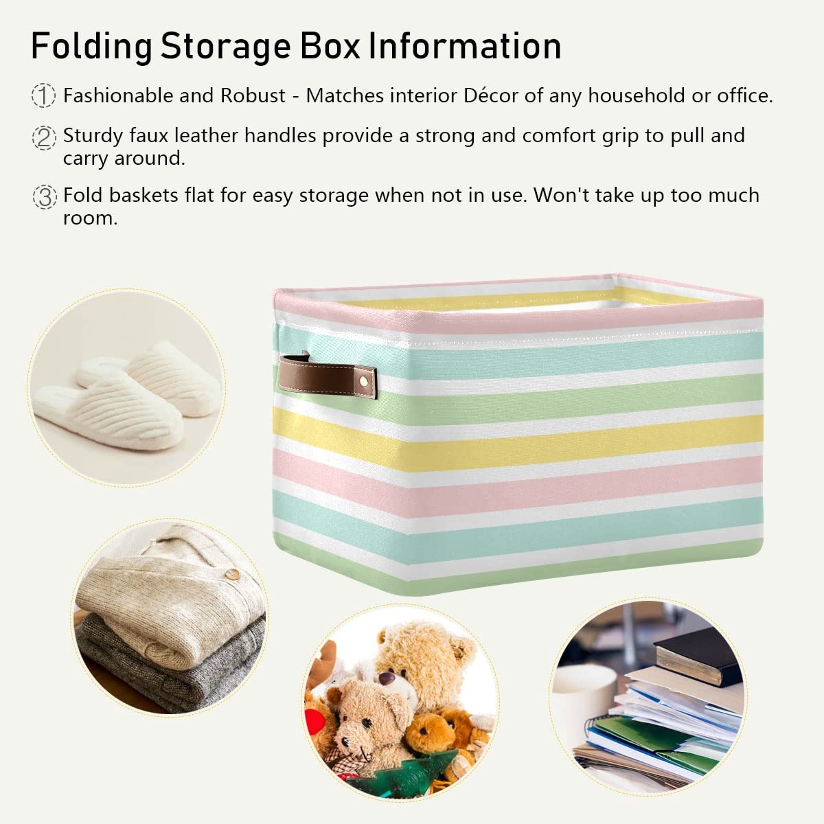 Easter Stripes Collapsible Storage Basket - Waterproof Rectangle Bin for Nursery Toys, Books & Closet Organization | Foldable Home Decor for Bedroom, Shelves & Holiday Decorations