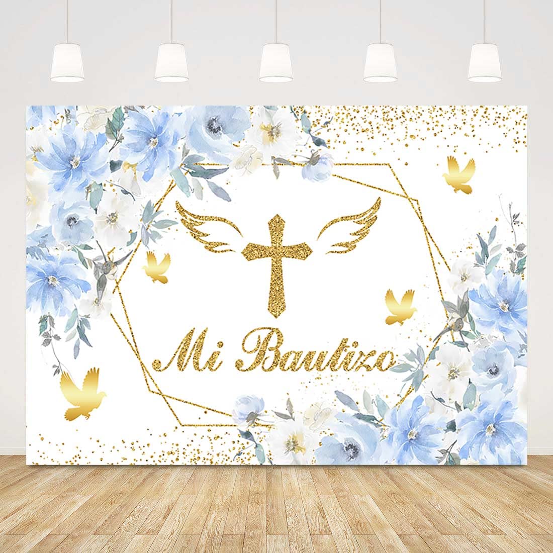 Sensfun 83x59 Inch Spanish Mexican Baptism Backdrop - Blue Floral God Bless Boy First Holy Communion Banner, Christening & Newborn Baby Shower Decorations - Perfect for Baptism Parties, First Communion Celebrations & Baby Showers
