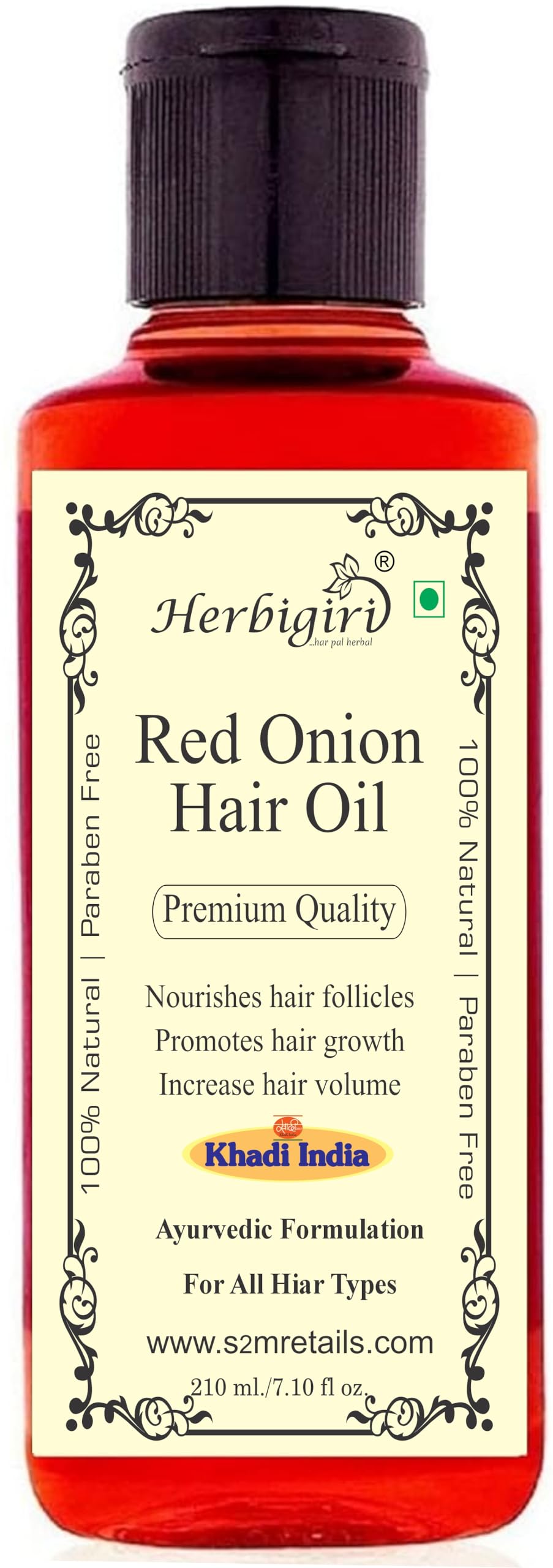 Herbigiri Herbal Red Onion Oil 210ml - Natural Hair Growth Treatment by Parvati Gramodyog | Made in India | Promotes Thicker, Stronger Hair for Men & Women