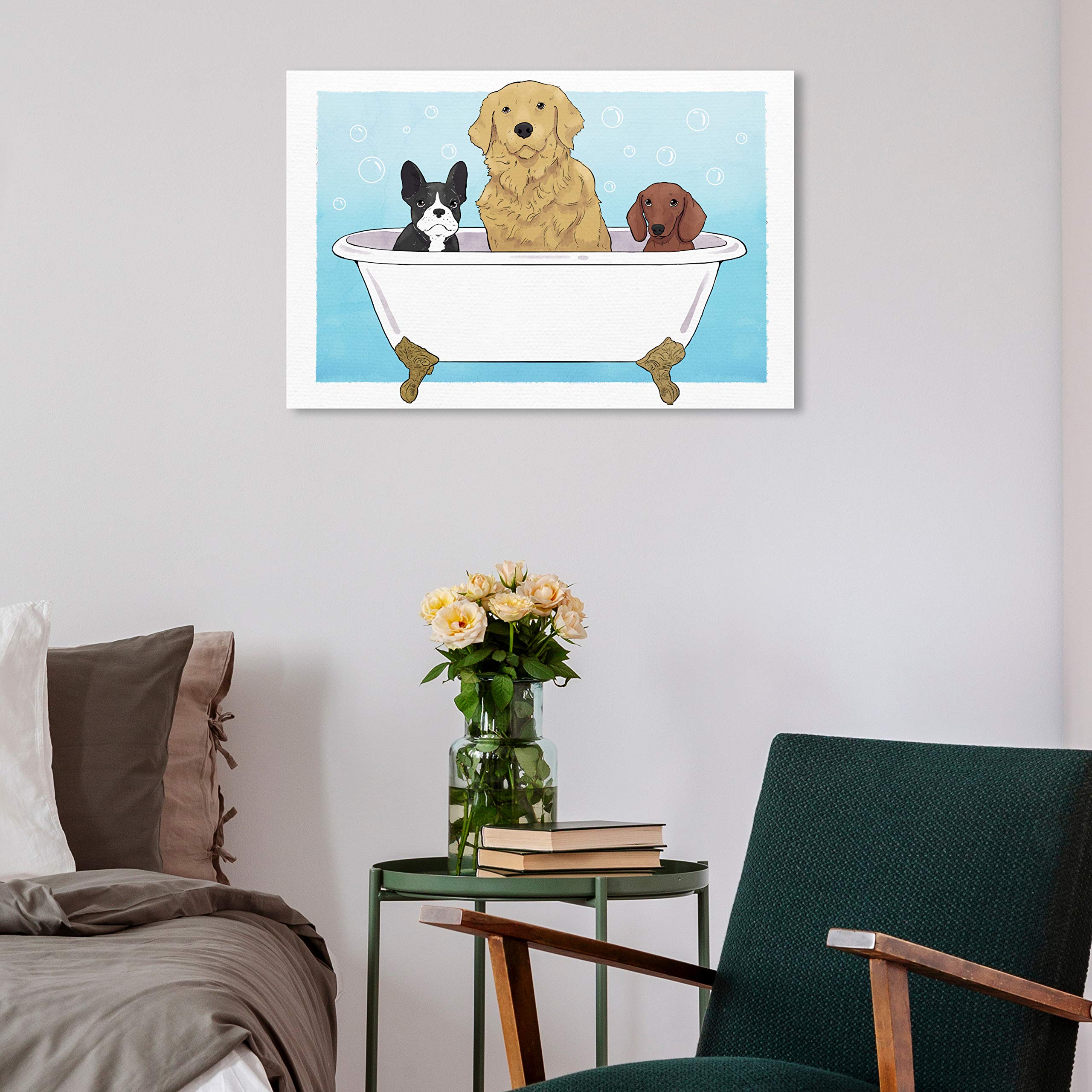 Oliver Gal Artist Co. 'Pups in a Tub' Animal Wall Art Canvas Print - Blue & White Home Decor (24x16 Inches) - Perfect for Nursery, Living Room or Bathroom Wall Decor