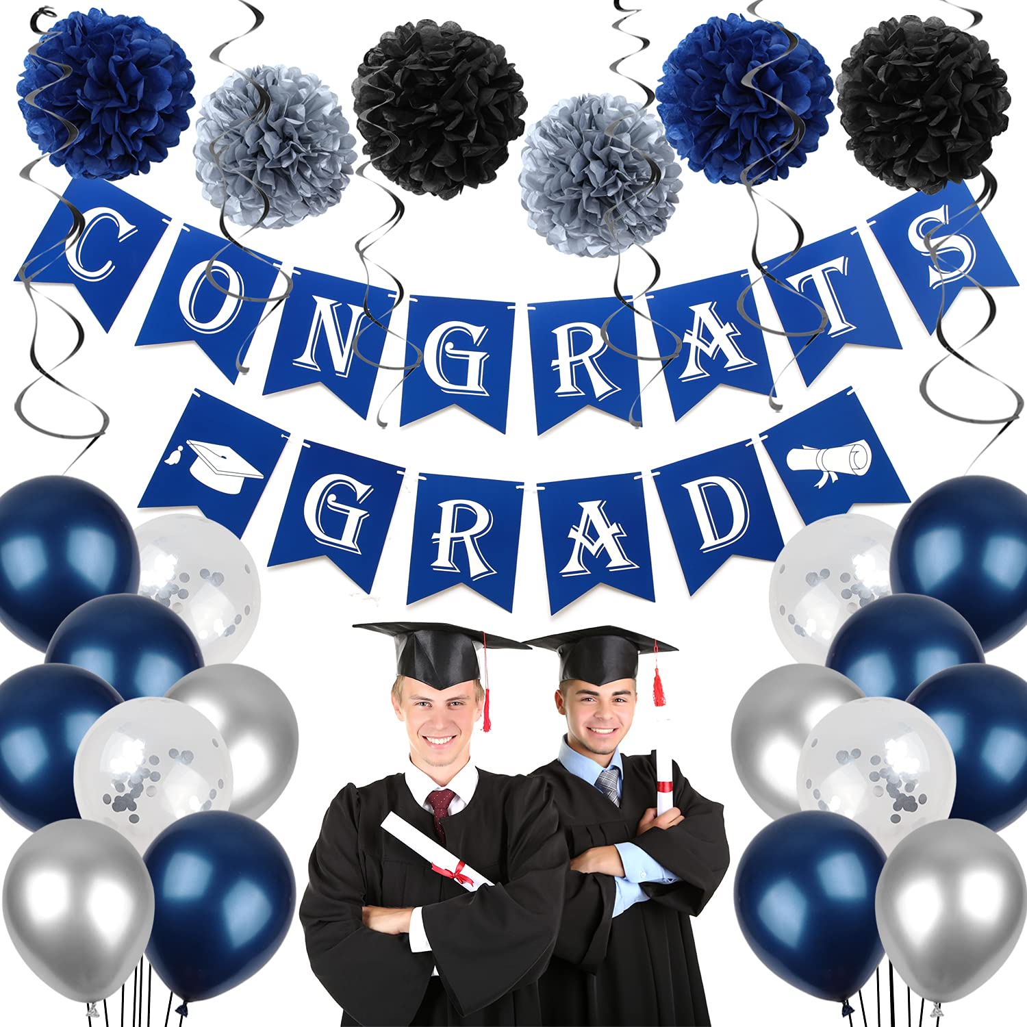 Blue and Silver Graduation Decorations Set - Congrats Grad Banner, Paper Pompoms, Hanging Swirls, Latex Confetti & Balloon Garland Arch for 2022 Graduation Party | Perfect for Graduation Ceremony Decor, Photo Backdrops & School Celebration Events