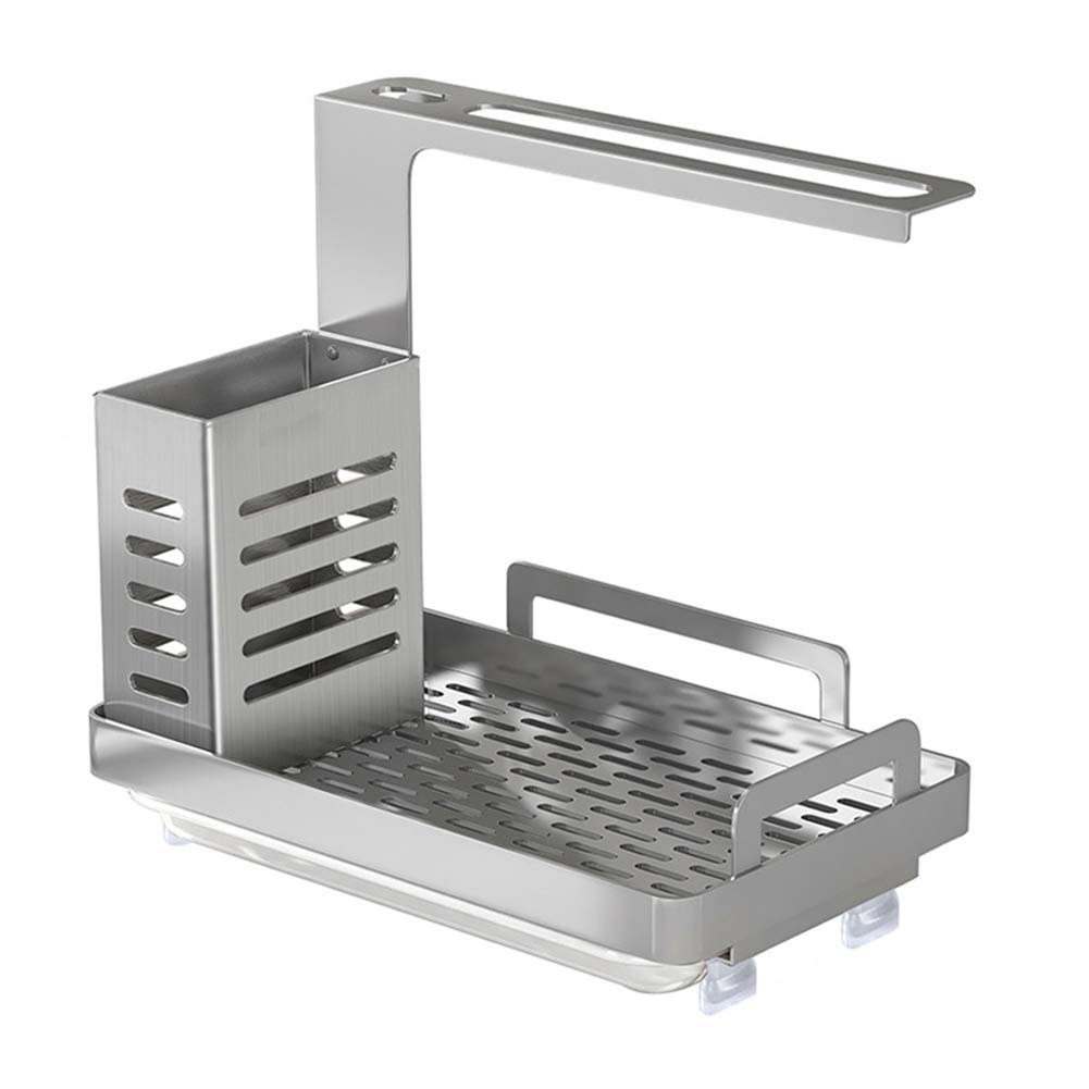 Stainless Steel Kitchen Sink Organizer with Sponge Holder, Soap Tray, Chopsticks Rack & Drain Pan - Space Saving Sink Caddy for Bathroom & Kitchen Countertop (Silver) | Perfect for Organizing Sponges, Brushes & Utensils by the Sink