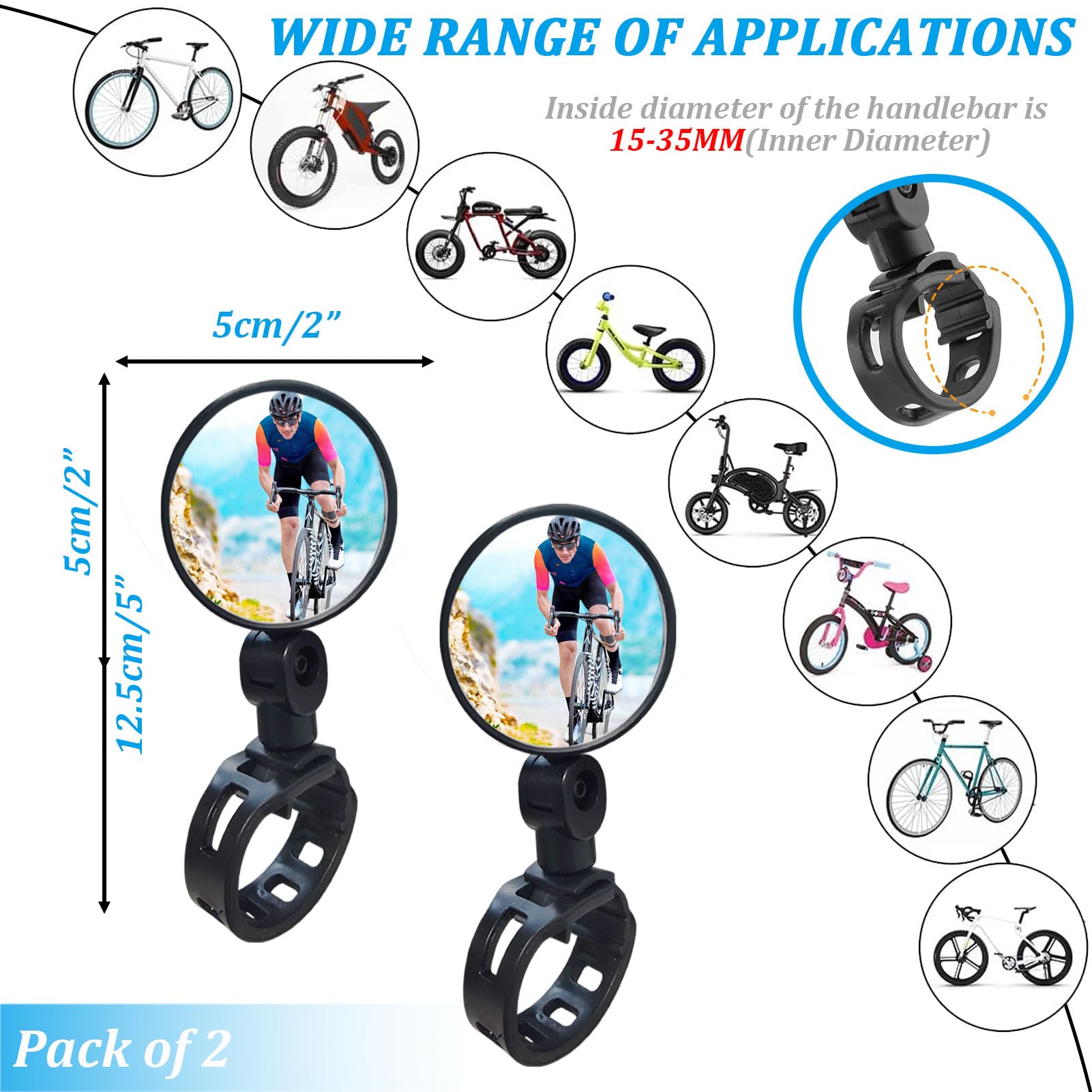 2 Pack Adjustable Rotatable Wide Angle Bicycle Handlebar Mirror - Shockproof Acrylic Convex Rear View Mirror for Mountain/Road Bikes - Perfect for Safe Cycling, Commuting & Outdoor Adventures (Round)