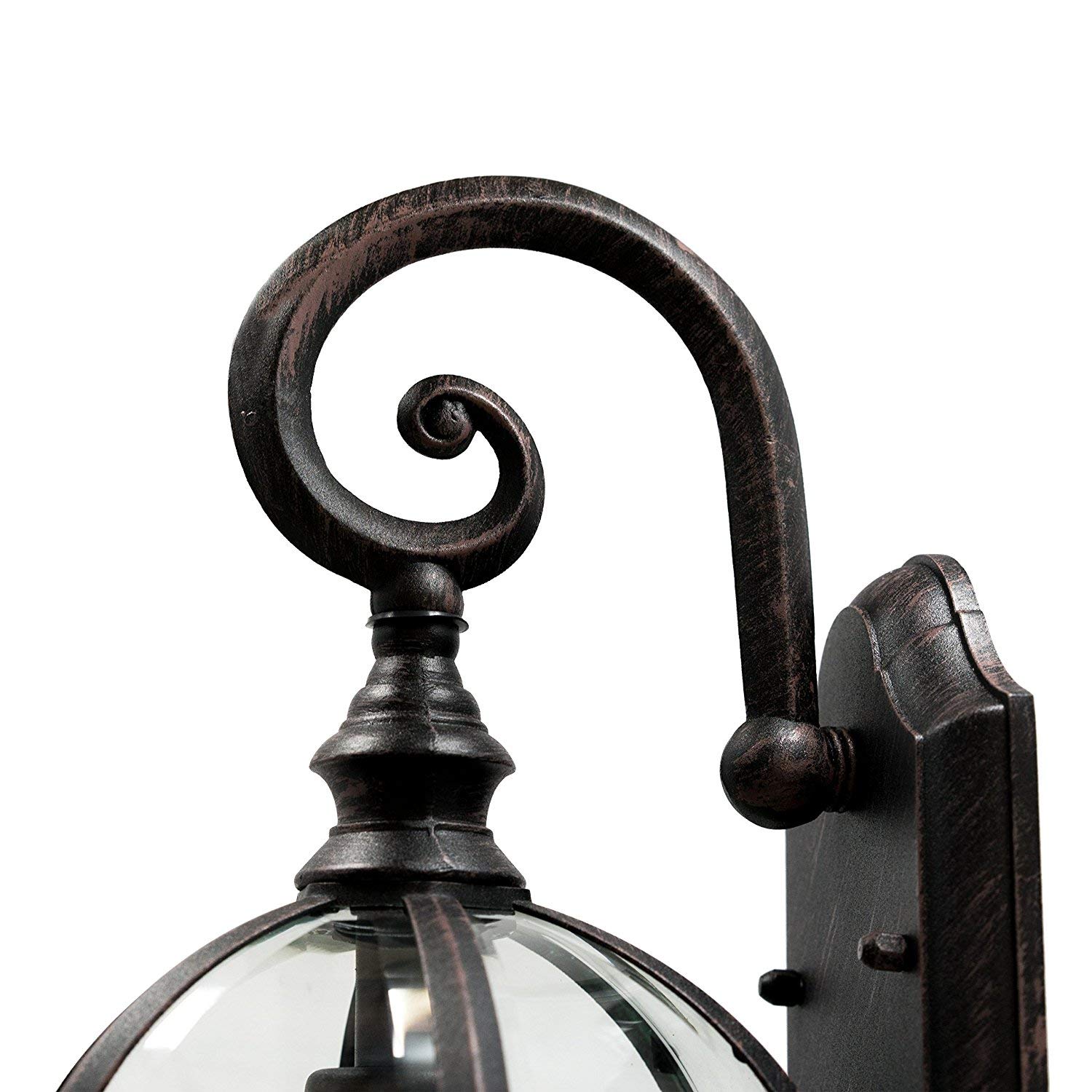 Rustic Wall Lanterns 2 Pack - Weatherproof Outdoor Lighting with Decorative Scroll Sconce Arm & Clear Beveled Glass - Perfect for Front Porch, Backyard, Garden & Patio Lighting