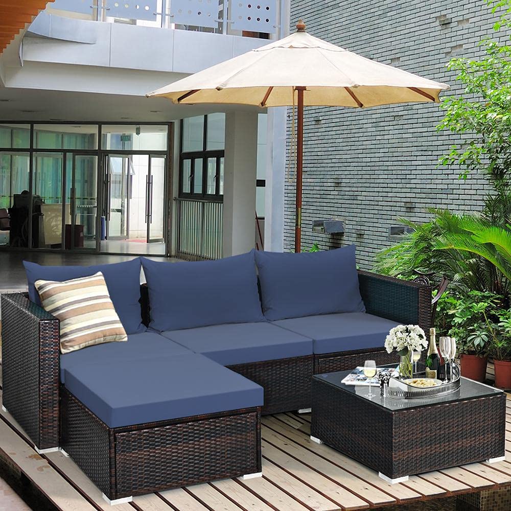 5-Piece Patio Rattan Furniture Set with Sectional Sofa and Coffee Table - Outdoor Conversation Set for Garden, Deck, Poolside - HW66521WH (White)