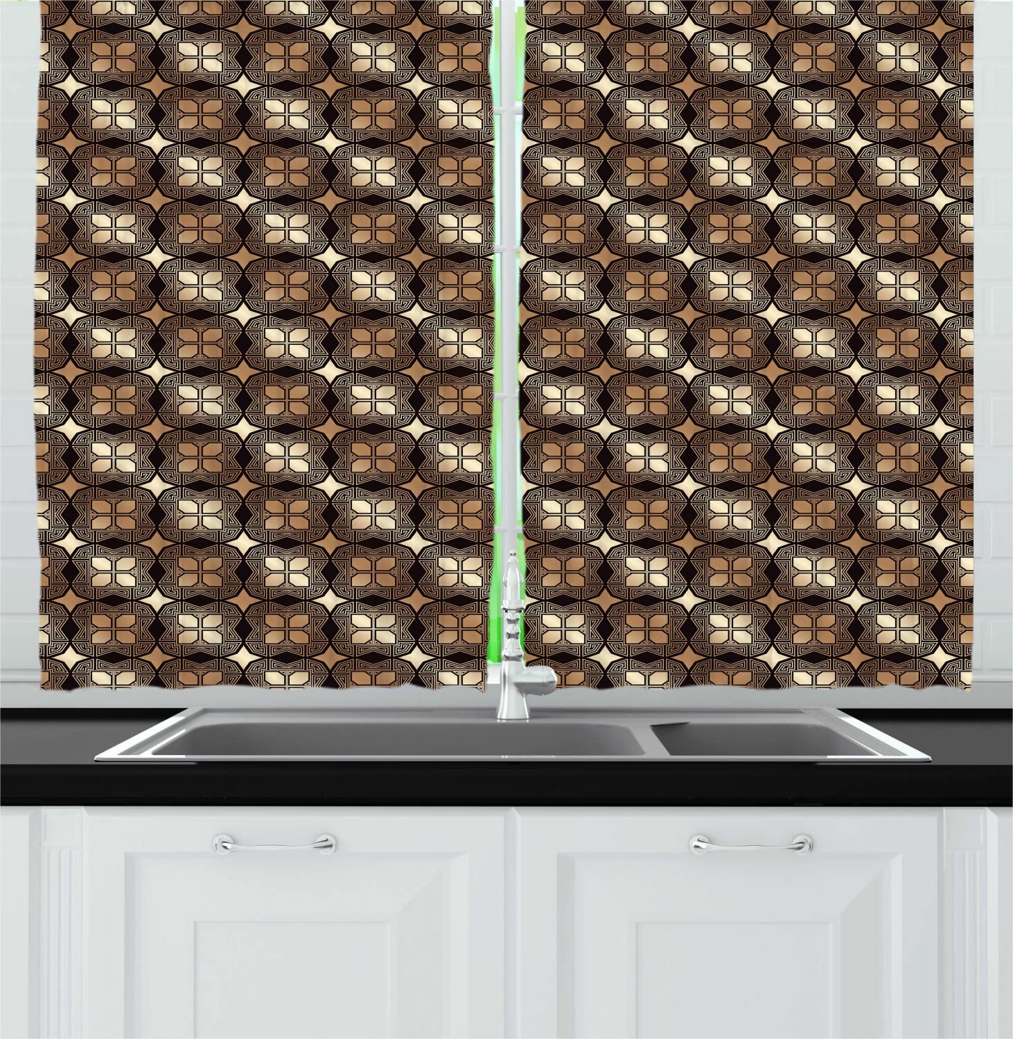 Ambesonne Vintage Long Kitchen Curtains - Art Deco Inspired Square Ornaments on Dark Background, Gatsby Style Drapes with Rod Pocket, 55