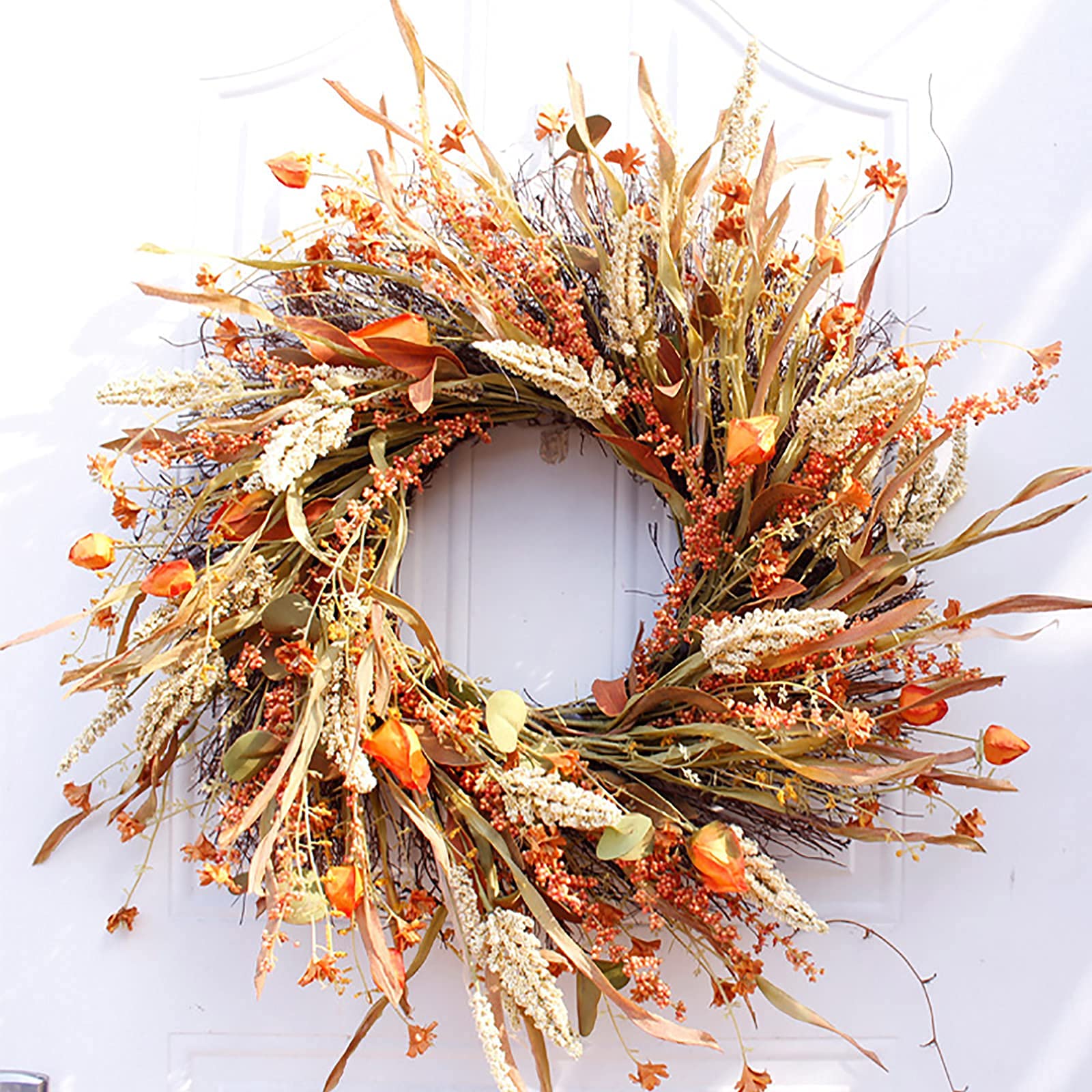 24 Inch Artificial Fall Wreath with Maple Leaf and Berry - Autumn Thanksgiving Halloween Decor for Front Door, Indoor Outdoor Seasonal Home Decoration