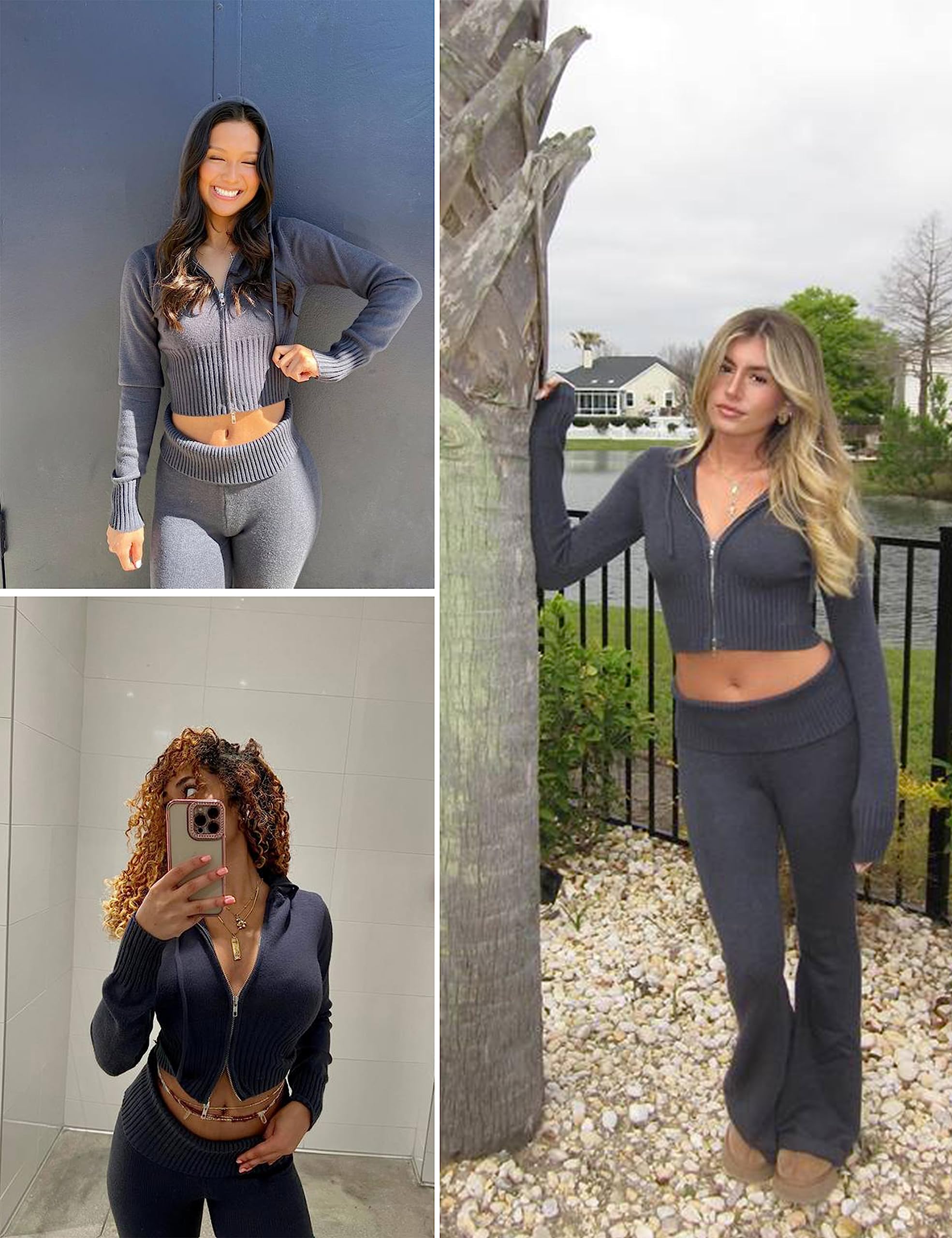 Springrain Women's 2-Piece Sweater Set - Ribbed Zip Hoodie & Knit Lounge Outfit | Cozy Winter Loungewear for Home, Travel & Casual Wear