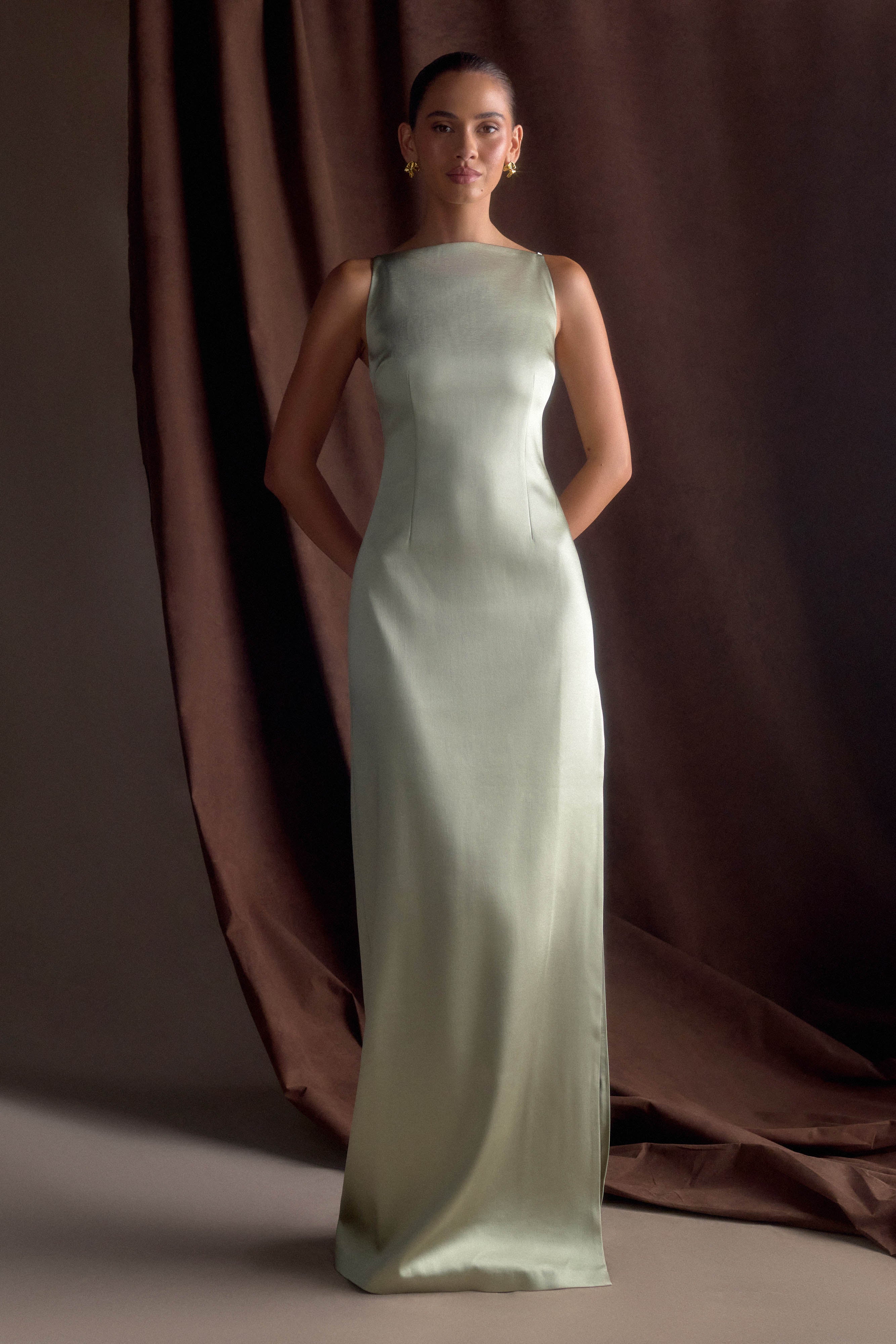 Elegant Violet Sleeveless Satin Maxi Dress in Sage Green - Perfect for Weddings, Parties & Summer Vacations