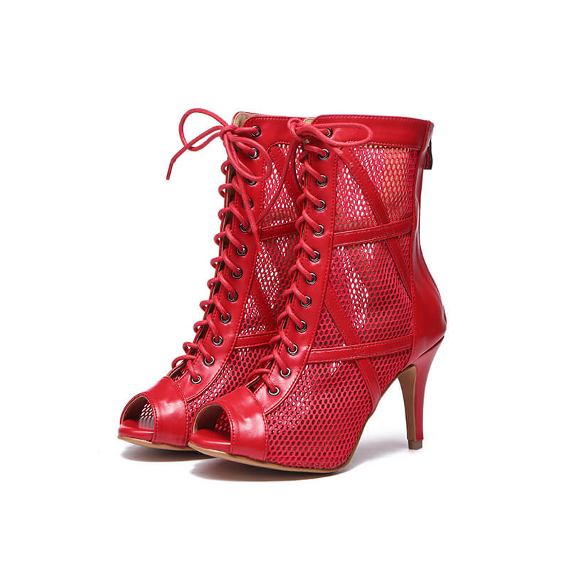 Stylish Red Lace Up Fishnet Mesh Ankle Boots for Women - Perfect for Parties, Night Out & Fashion Streetwear