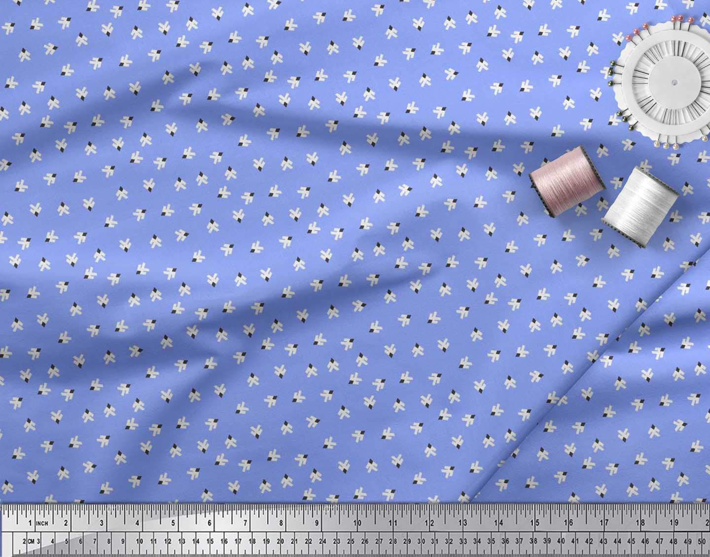 Soimoi Blue Polyester Crepe Fabric by The Yard - 42 Inch Wide Cross Geometric Small Motif Printed Shirting - Timeless Style for Dresses, Blouses, and DIY Sewing Projects