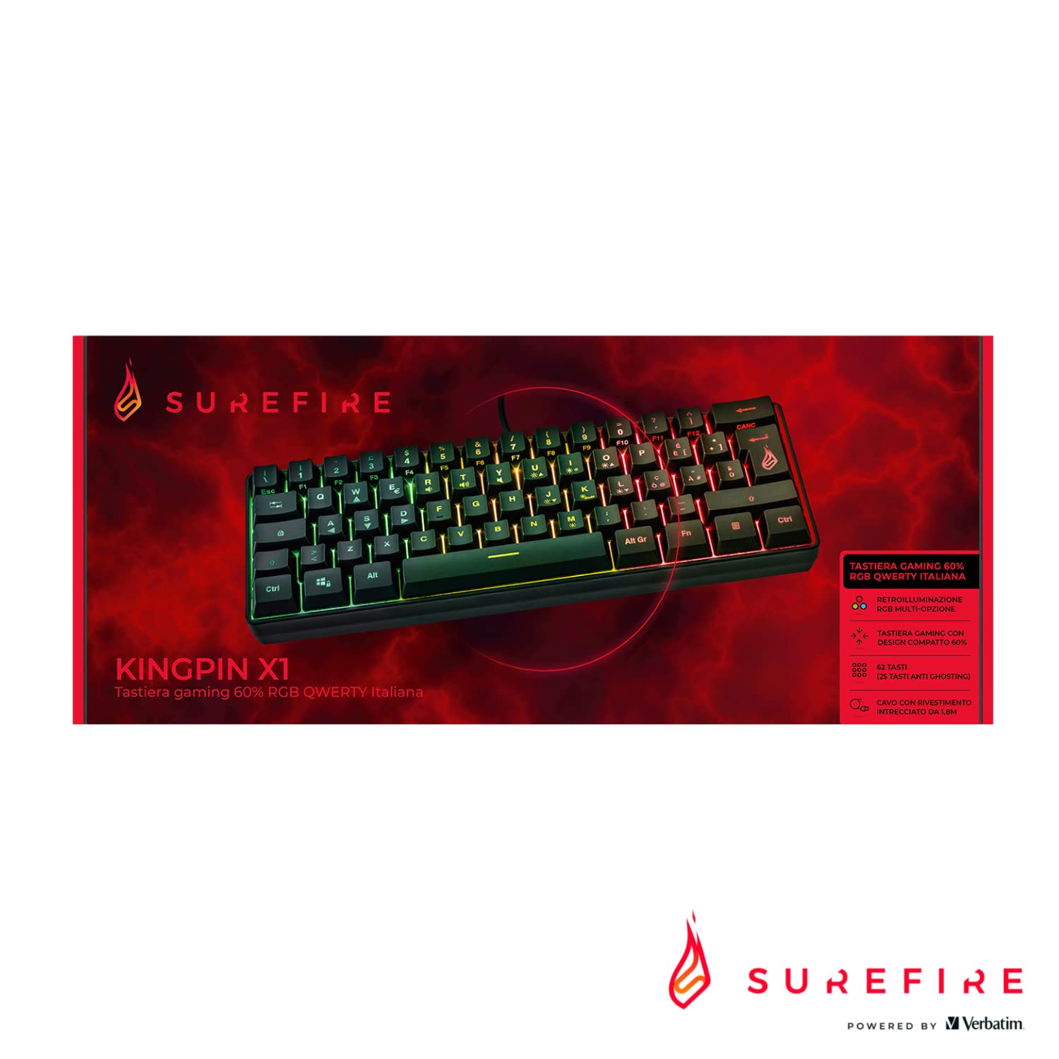 SureFire Kingpin X1 60% Compact RGB Gaming Keyboard - French AZERTY Layout, 25-Key Anti-Ghosting, Portable Mechanical Keyboard for PC/Mac Gamers - Perfect for Esports, Travel & Small Workspaces