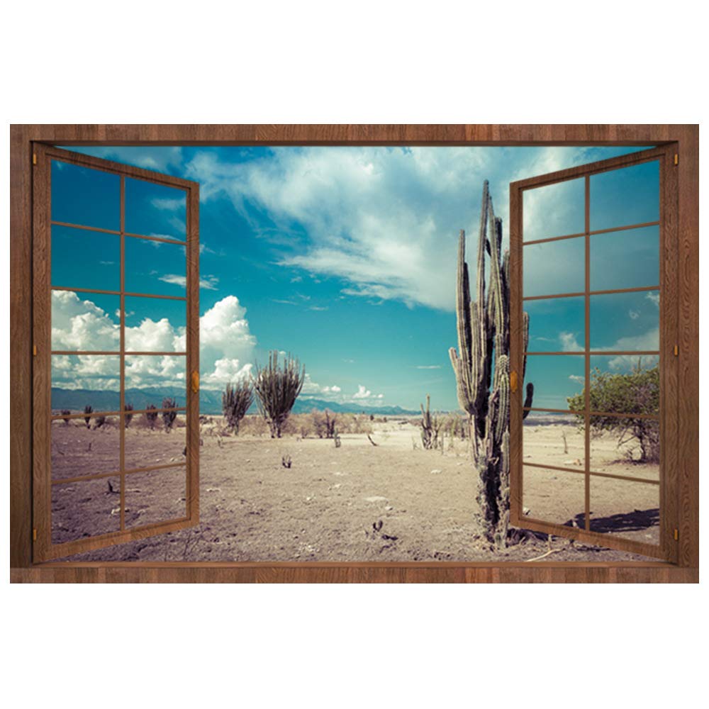 DNVEN 28x20 Inches 3D Fake Wood Window Decal - Cactus Desert Oasis HD Faux Window Frame Vinyl Wall Sticker for Bedroom, Living Room & Playroom Decor | Perfect for Home, Office & Nursery Wall Art