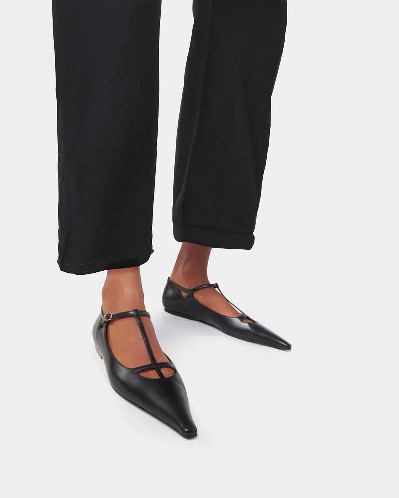 Black Leather T-Strap Pointed Toe Flats for Women - Comfortable Dress Shoes for Work, Office & Evening Out