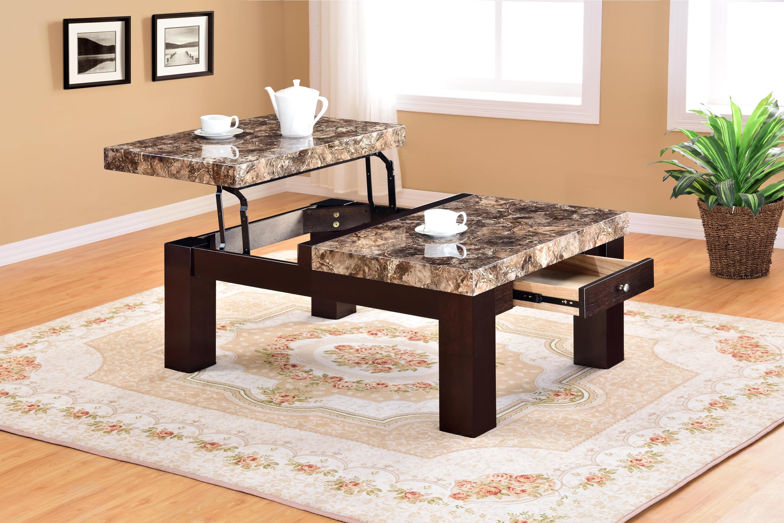 GTU Furniture Brown Faux Stone Coffee Table with Drawer - Modern End Table for Living Room, Bedroom & Office - Durable Side Table with Storage for Home Decor