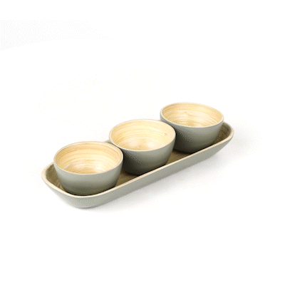 Premium Bamboo Bowl Set - 3 Gray Bamboo Bowls with Tray, Eco-Friendly & Durable (11.75