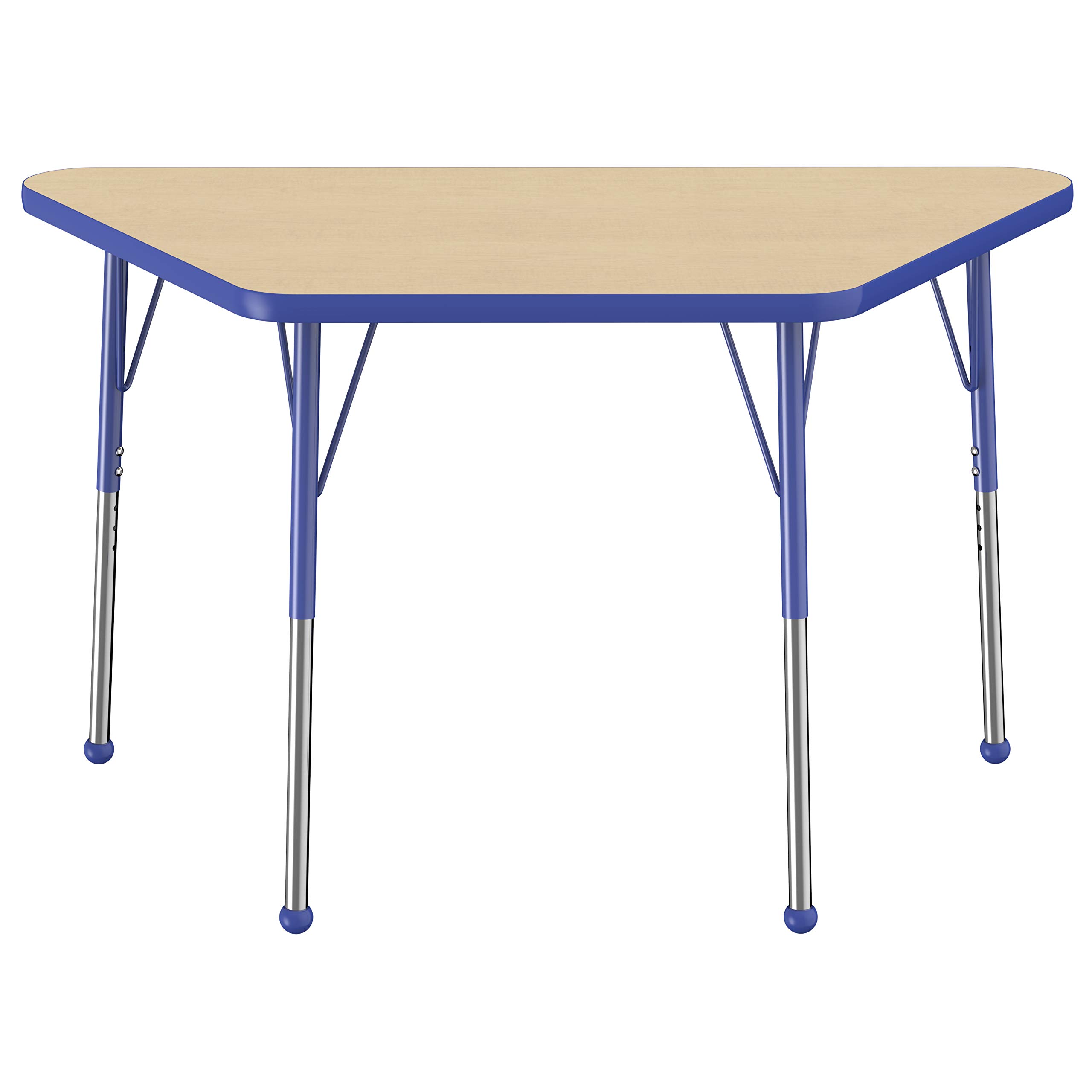 FDP Adjustable Height Trapezoid Activity Table - 24 x 48 Inch Maple Top with Blue Edge for School, Office & Collaborative Workspaces | 19-30 Inch Height Range with Standard Legs & Ball Glides - Perfect for Classrooms, Meeting Rooms & Team Projects