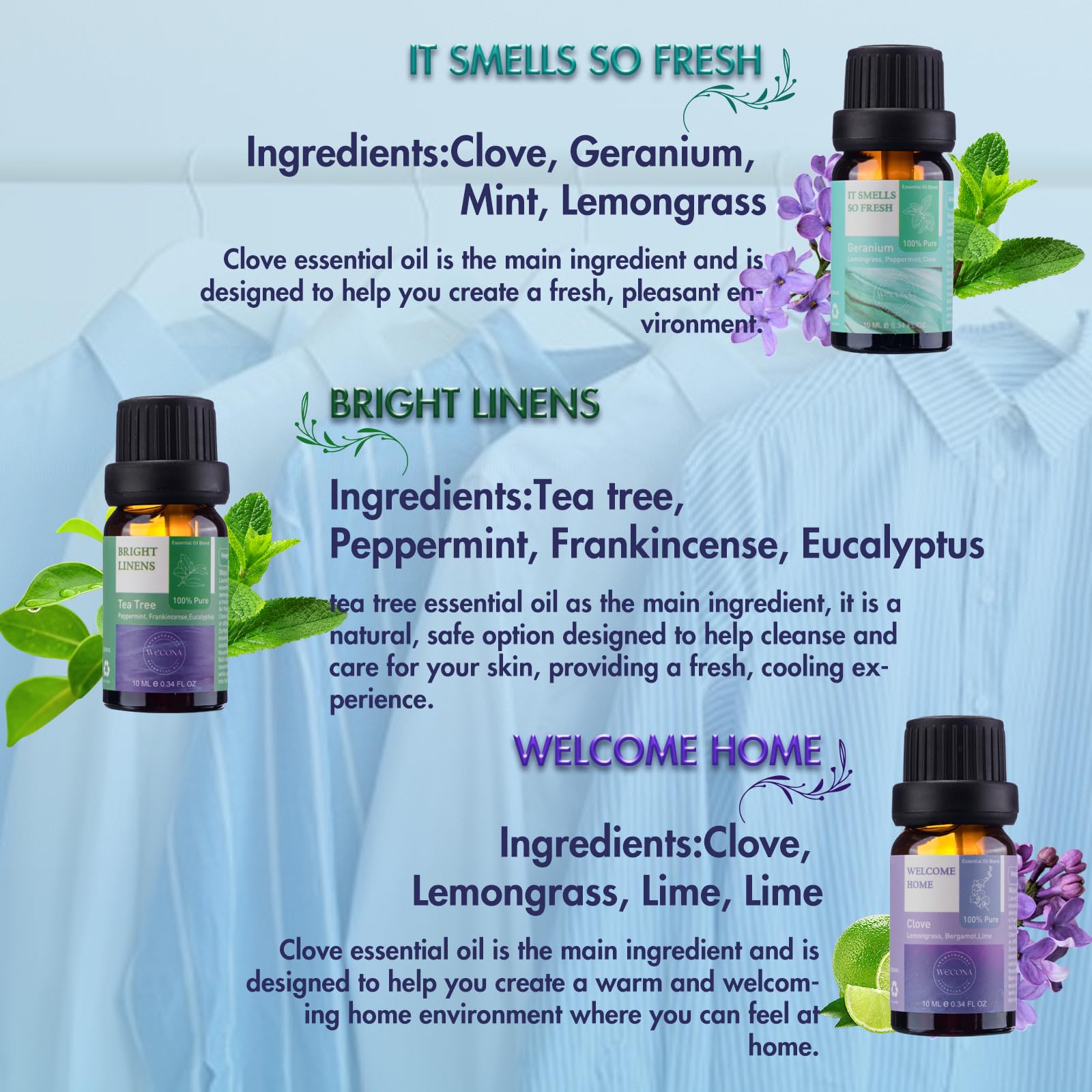 **100% Pure Essential Oils for Laundry, Diffusers & Home - 6x10ml Aromatherapy Set (Clean Scent) - Perfect for Soap Making, Candles, Humidifiers & Dryer Balls - Freshen Clothes & Relaxing Home Scents**
