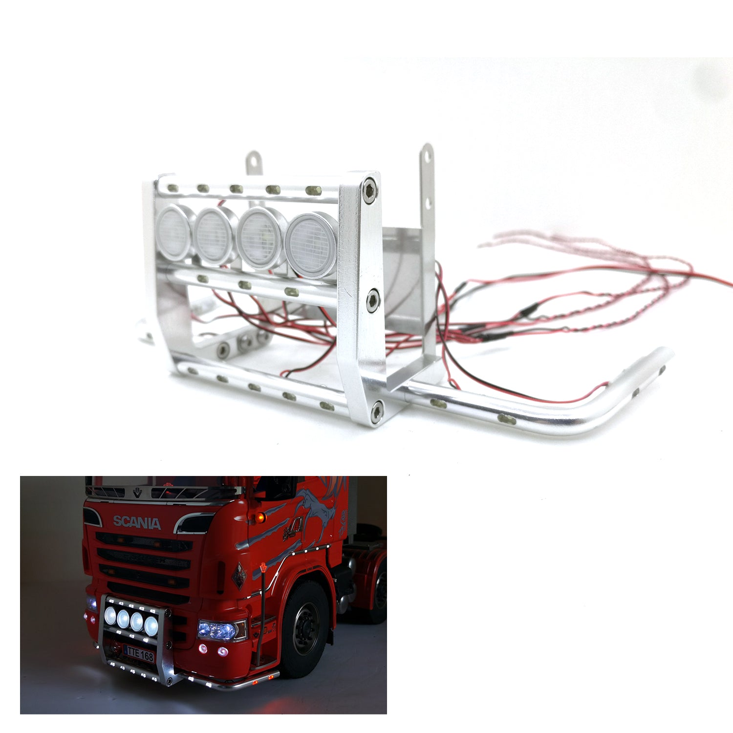 Upgraded Metal Front Bumper with Degree Scale & LED Lights - Replacement Spare Part for Tamiya 1/14 RC Tractor Truck 56323 Dumper - Perfect for DIY RC Model Building & Off-Road Truck Protection