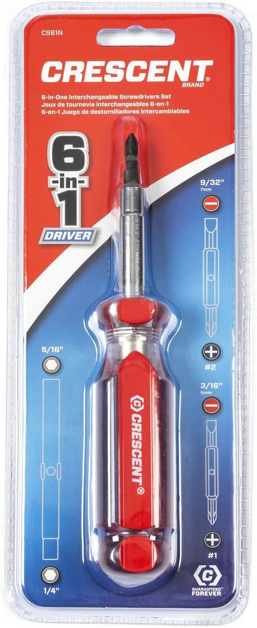Crescent 6-in-1 Interchangeable Bit Screwdriver Set with Red Ergonomic Handle (CS61N) - Perfect for Home Repairs, DIY Projects & Professional Toolkits