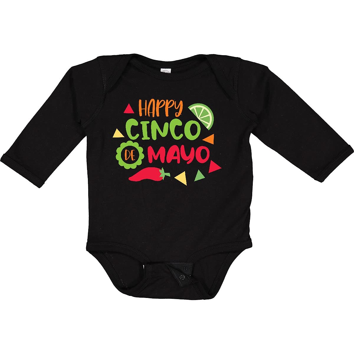 Inktastic Happy Cinco De Mayo with Lime and Red Pepper Long Sleeve Baby Bodysuit - Festive Mexican Holiday Outfit for Infants, Cinco De Mayo Party Wear, Photo Shoot Costume