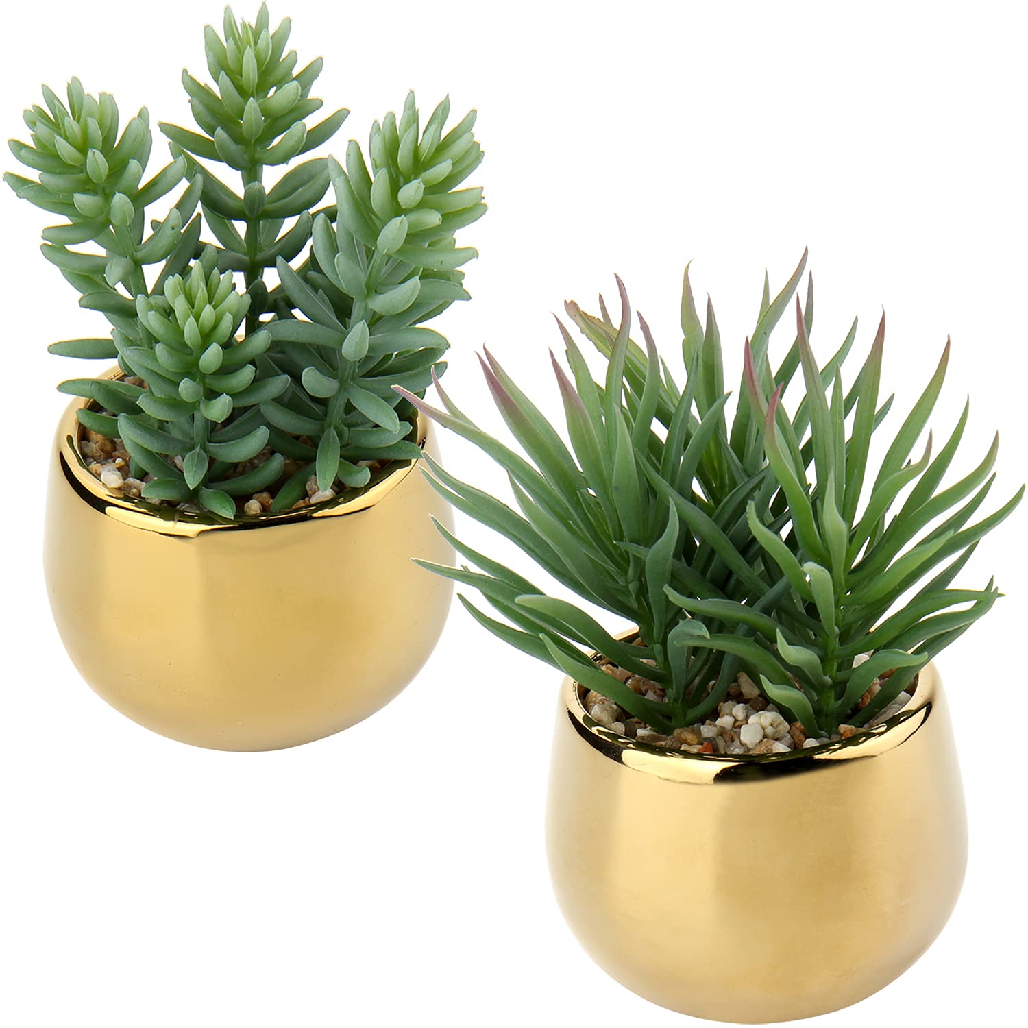 Briful Set of 2 Small Artificial Succulent Plants in Gold Ceramic Pots - Realistic Faux Succulents for Home, Office & Bathroom Decor - Perfect for Table, Desk & Shelf Decoration