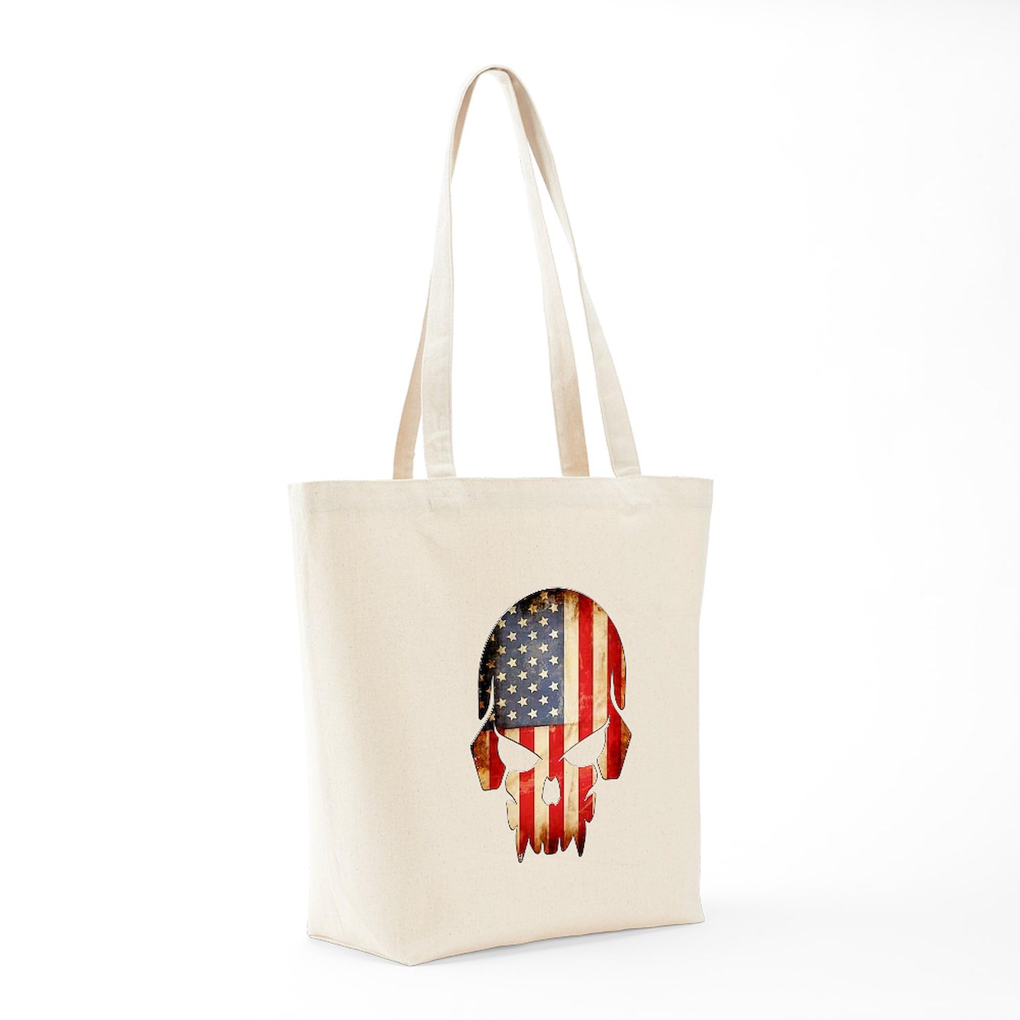 American Flag Skull Tote Bag - Natural Canvas Reusable Shopping Bag for Groceries, Beach & Daily Use | Patriotic Graphic Design
