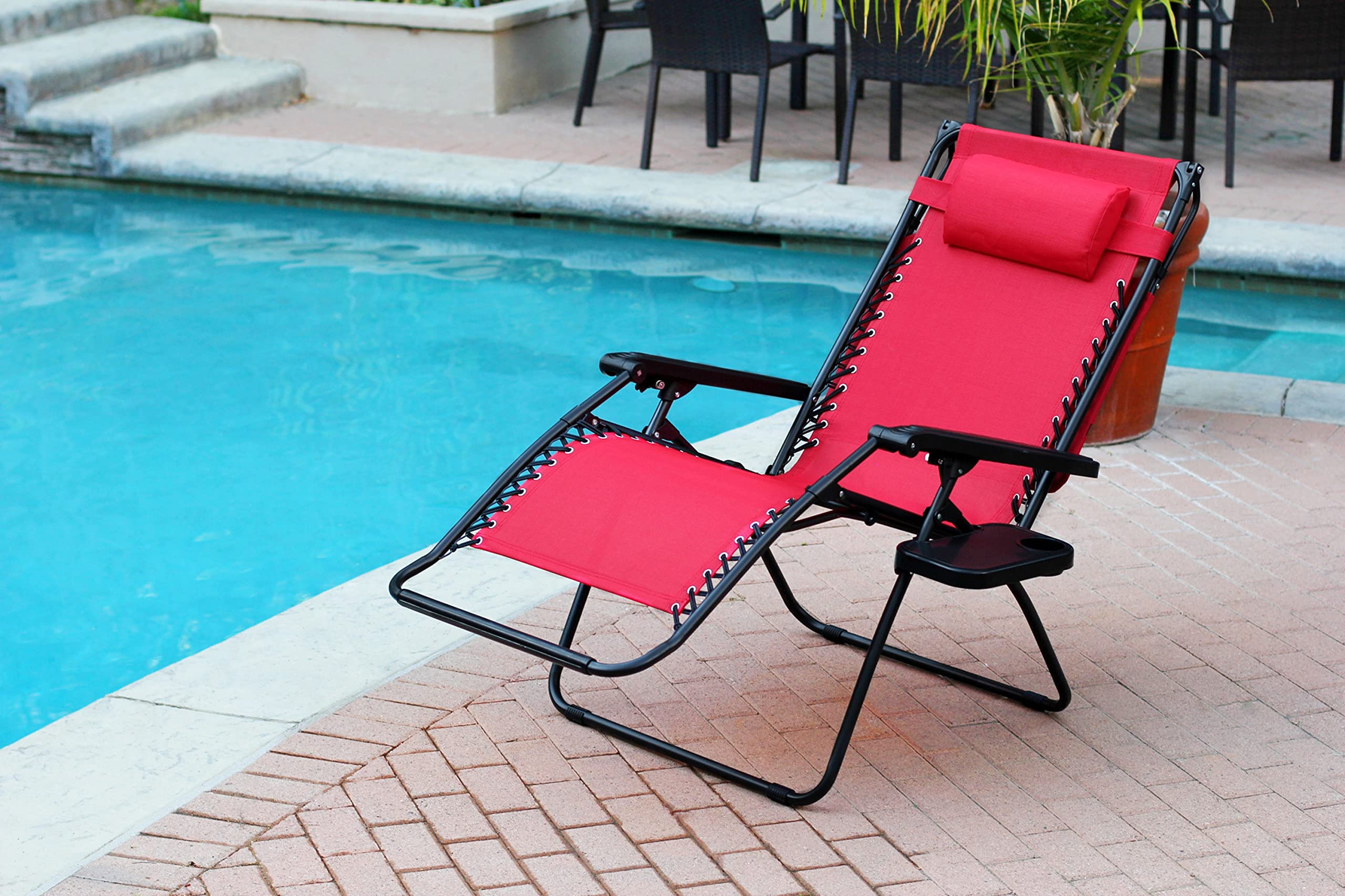 Jeco Oversized Zero Gravity Chair with Sunshade & Drink Tray - Heavy Duty Reclining Lounge Chair for Patio, Poolside, Beach & Backyard Relaxation - Red Outdoor Recliner