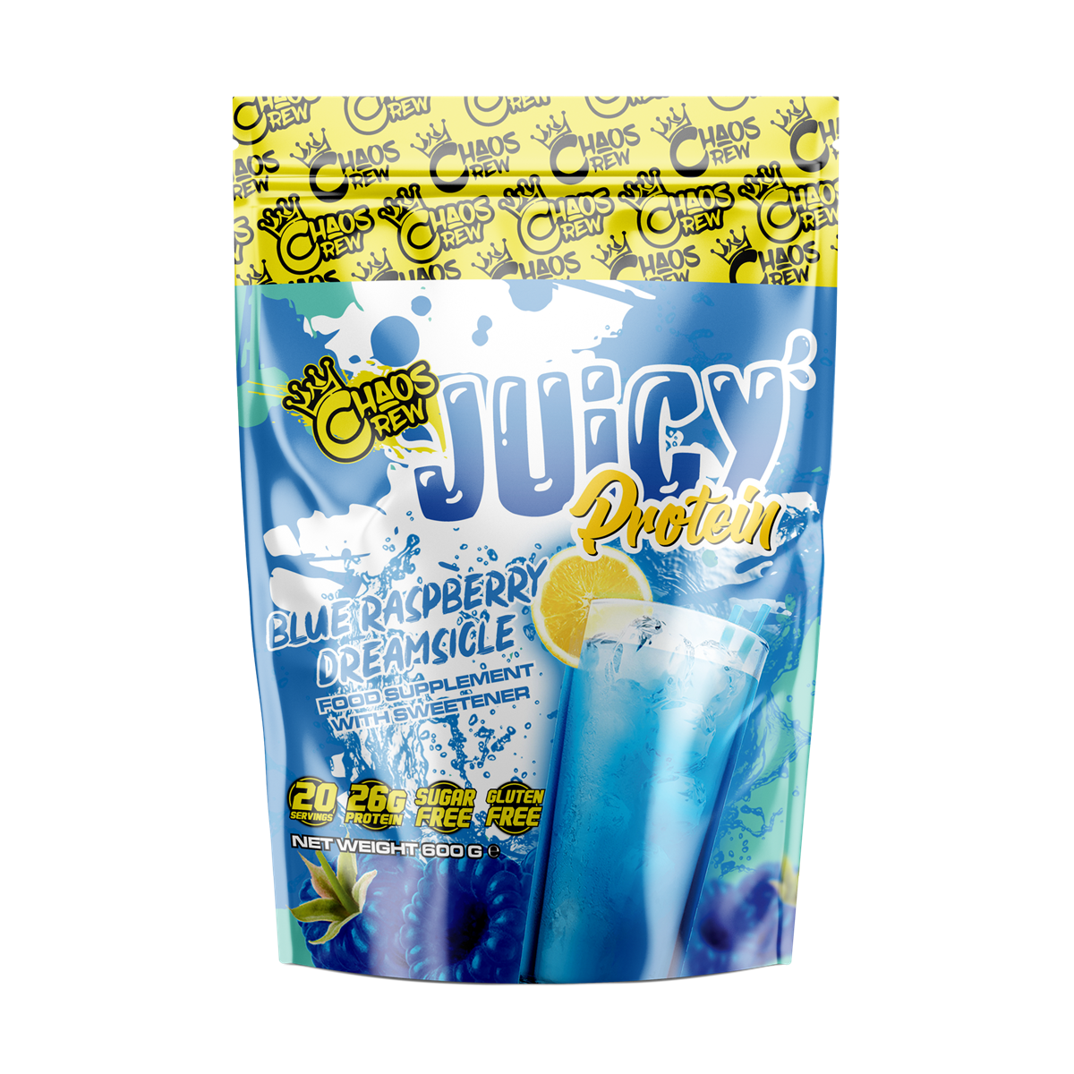Chaos Crew Juicy Protein Powder 600g - Blue Raspberry Dreamsicle Flavor | High Protein Supplement for Muscle Recovery & Workout Energy | Perfect for Post-Workout Shakes & Smoothies