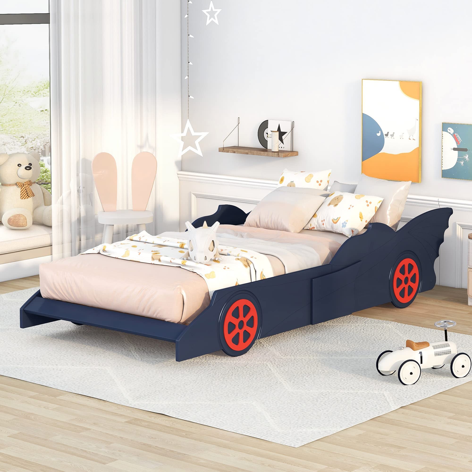 **Lightning McQueen Race Car Twin Size Bed for Kids - Wooden Platform Bed Frame with Wheels, No Box Spring Needed (Blue & Red) - Perfect for Boys & Girls Bedroom, Playroom, or Themed Nursery Decor**