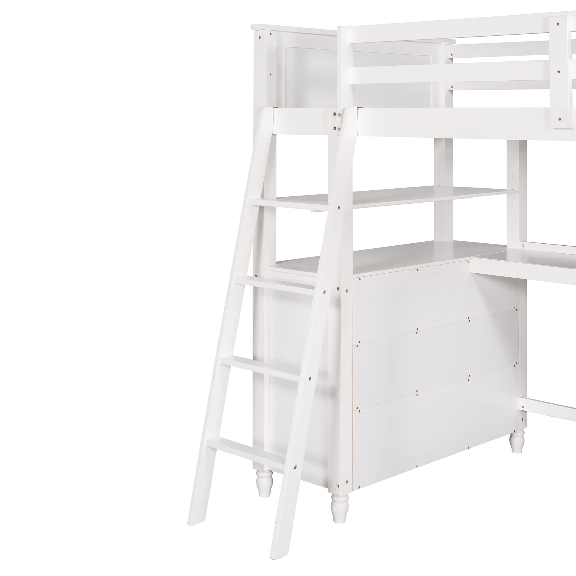 **Solid Wood Twin Loft Bed with Desk for Kids - 3 Drawers & 3 Storage Shelves, Multi-Functional Study & Sleep Space with Ladder & Guardrails (White) - Perfect for Small Bedrooms & Dorm Rooms**