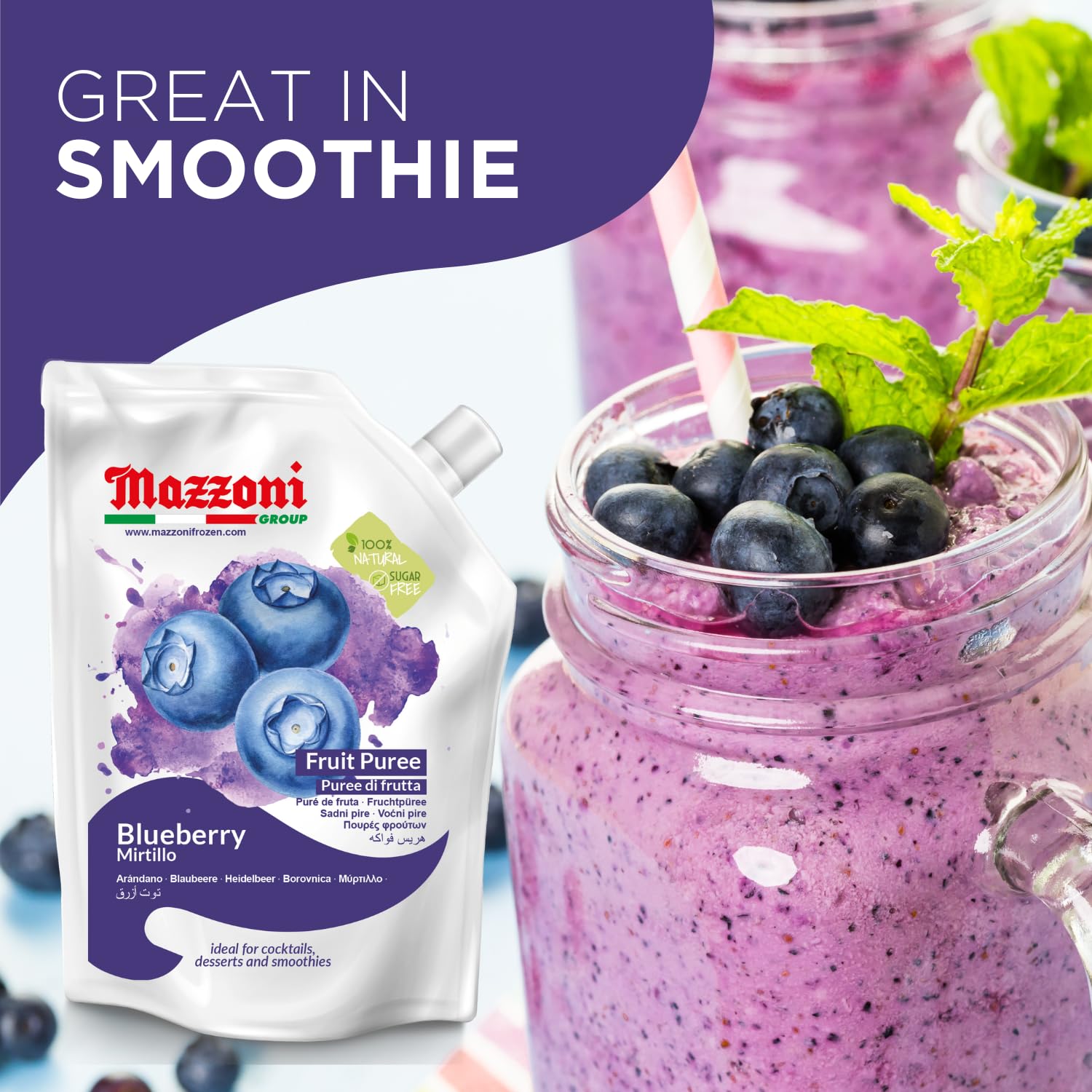 Mazzoni 100% Pure Blueberry Puree - No Sugar Added, 2.2 lbs (35.2 oz) - All Natural Fruit for Smoothies, Juices, Cocktails & Baking - Italian-Made Convenient Pouch - Perfect for Healthy Drinks, Desserts & Baby Food