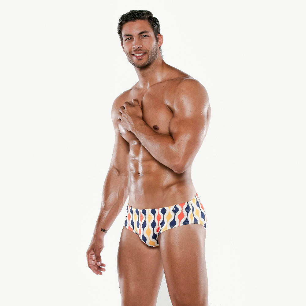 Code 22 Groovy Enhancing Swim Brief 23061 Yellow/Navy - High Waisted Men's Swimwear for Beach, Pool & Water Sports